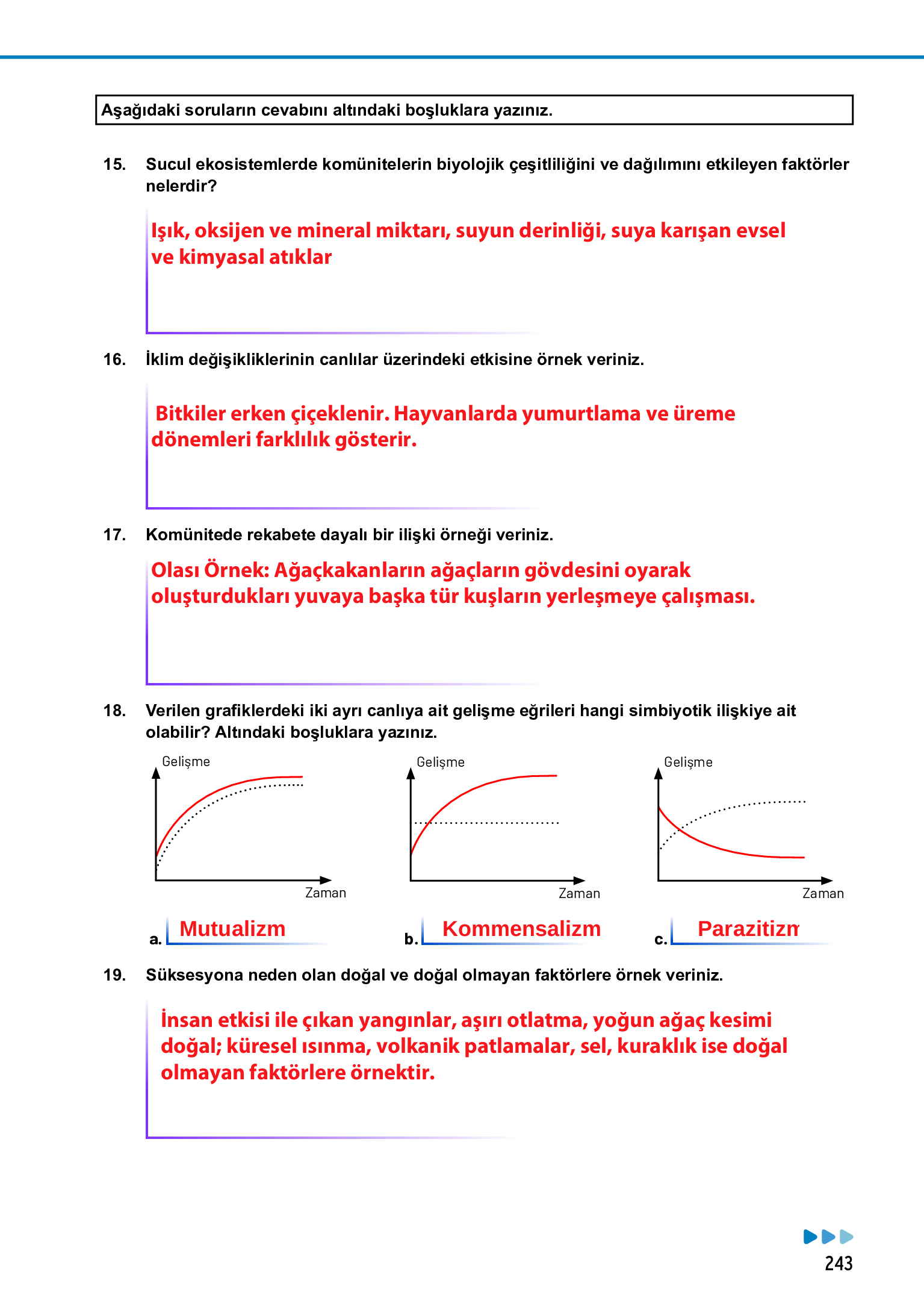 11. Sınıf Meb Yayınları Fen Lisesi Biyoloji Ders Kitabı Sayfa 243 Cevapları