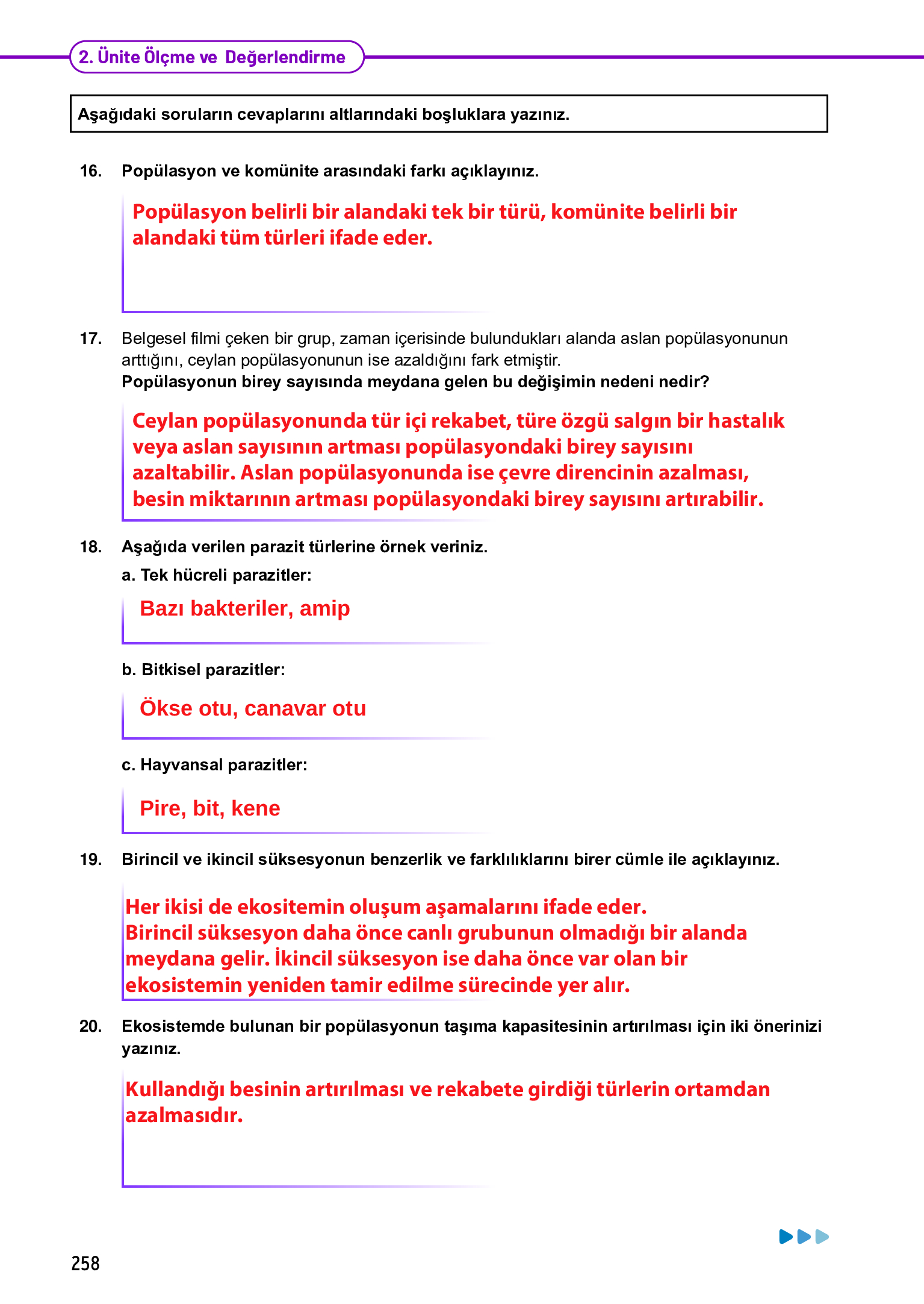 11. Sınıf Meb Yayınları Fen Lisesi Biyoloji Ders Kitabı Sayfa 258 Cevapları