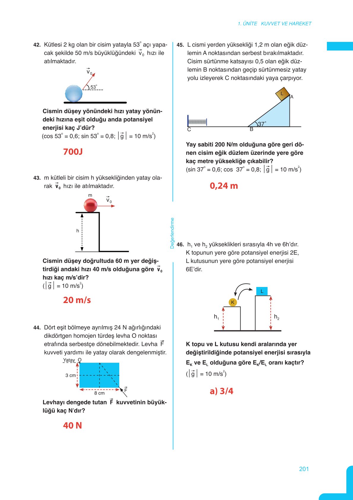 11. Sınıf Meb Yayınları Fen Lisesi Fizik Ders Kitabı Sayfa 201 Cevapları