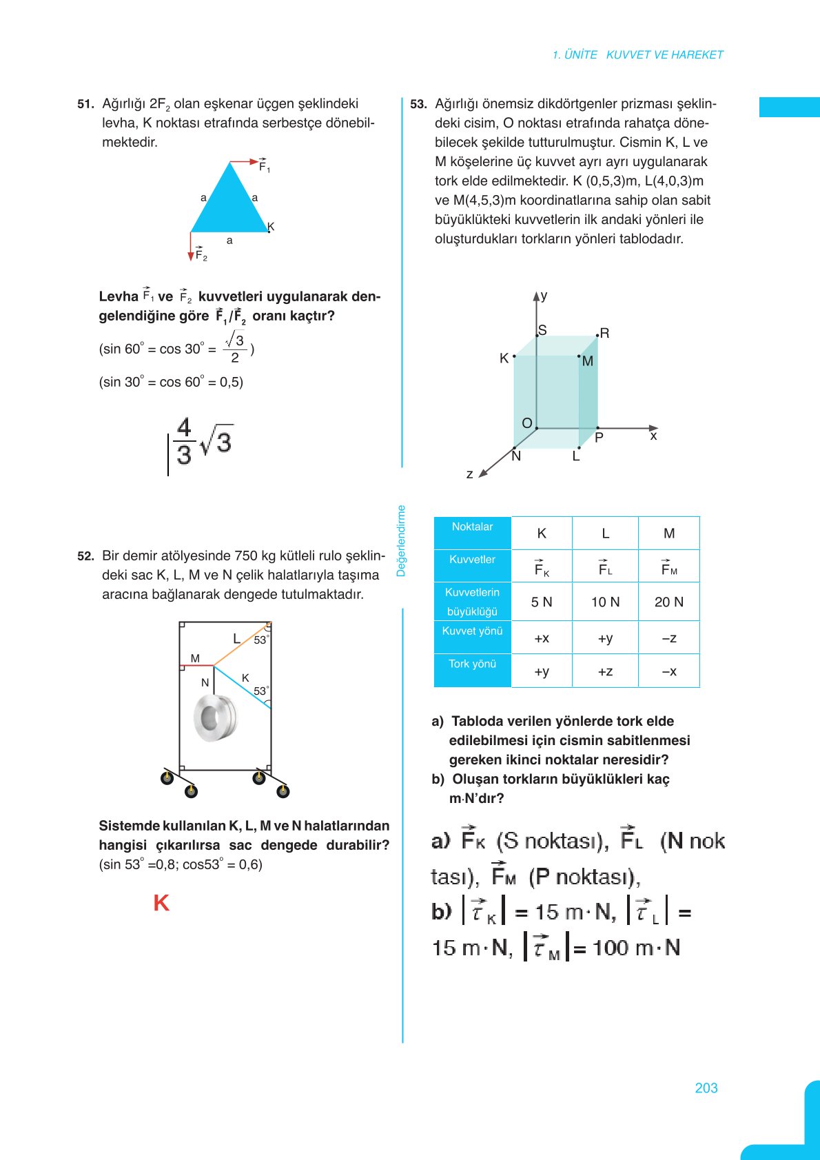 11. Sınıf Meb Yayınları Fen Lisesi Fizik Ders Kitabı Sayfa 203 Cevapları