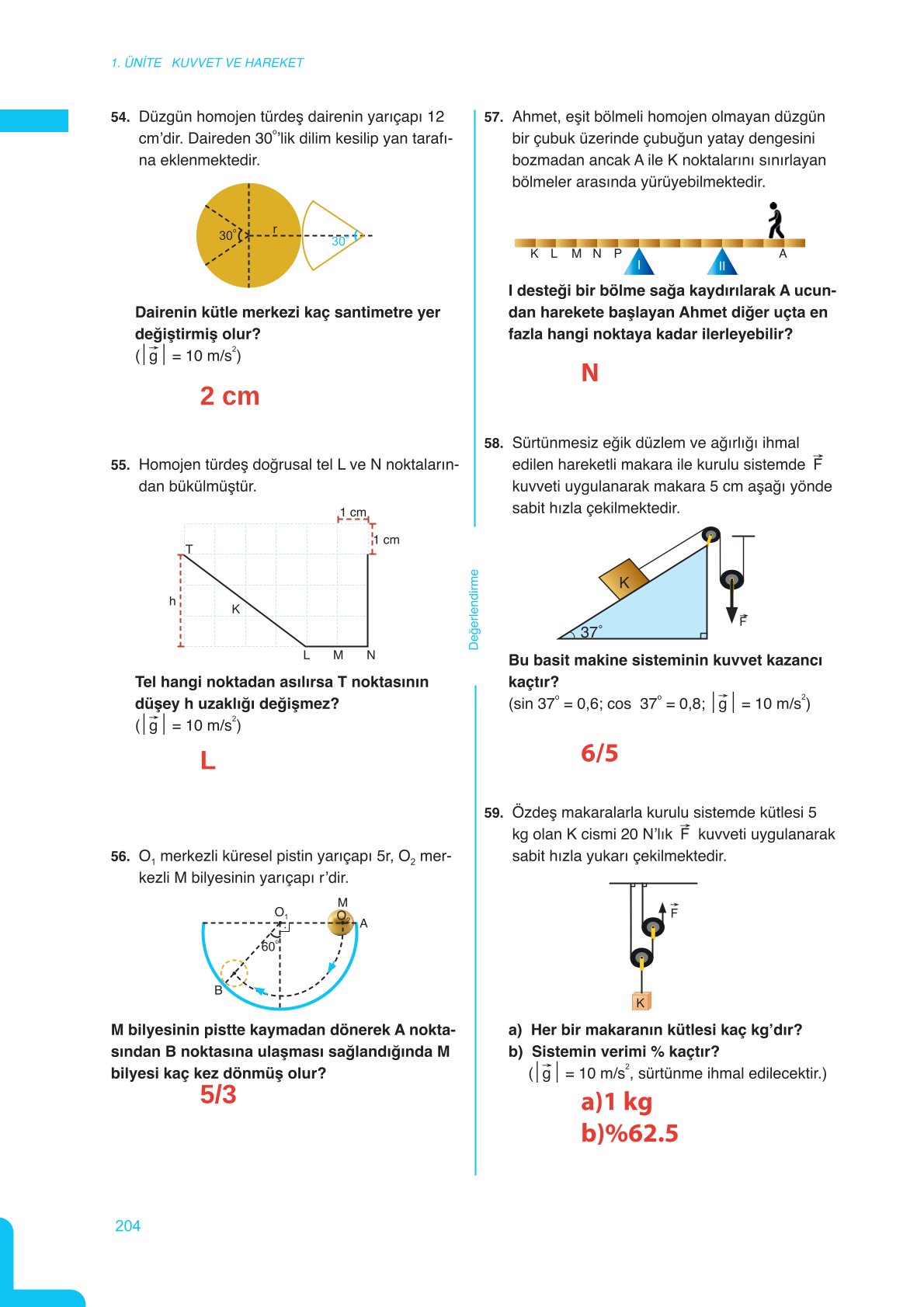 11. Sınıf Meb Yayınları Fen Lisesi Fizik Ders Kitabı Sayfa 204 Cevapları