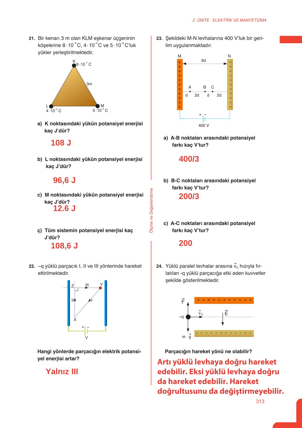 11. Sınıf Meb Yayınları Fen Lisesi Fizik Ders Kitabı Sayfa 313 Cevapları
