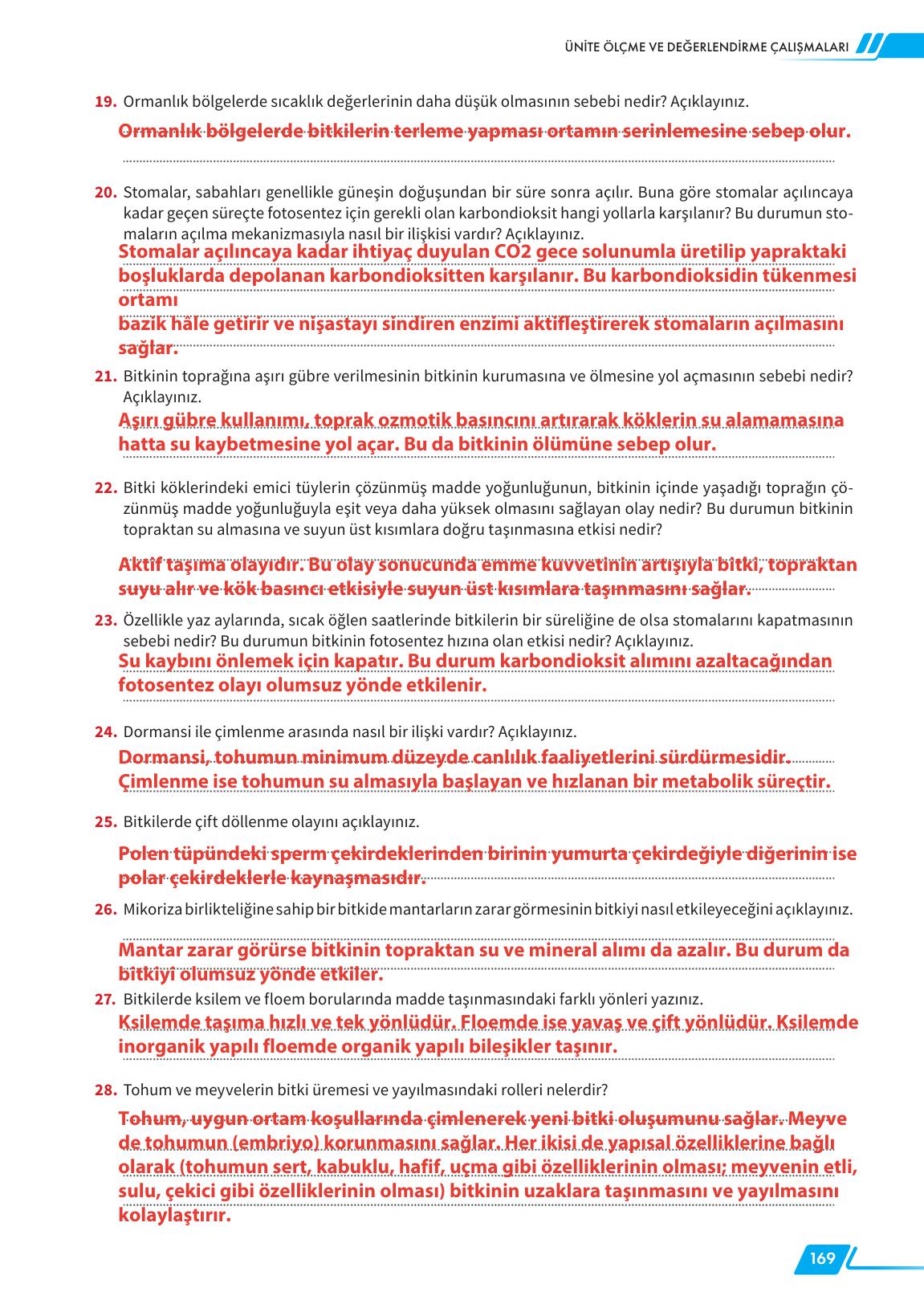 12. Sınıf Meb Yayınları Fen Lisesi Biyoloji Ders Kitabı Sayfa 169 Cevapları