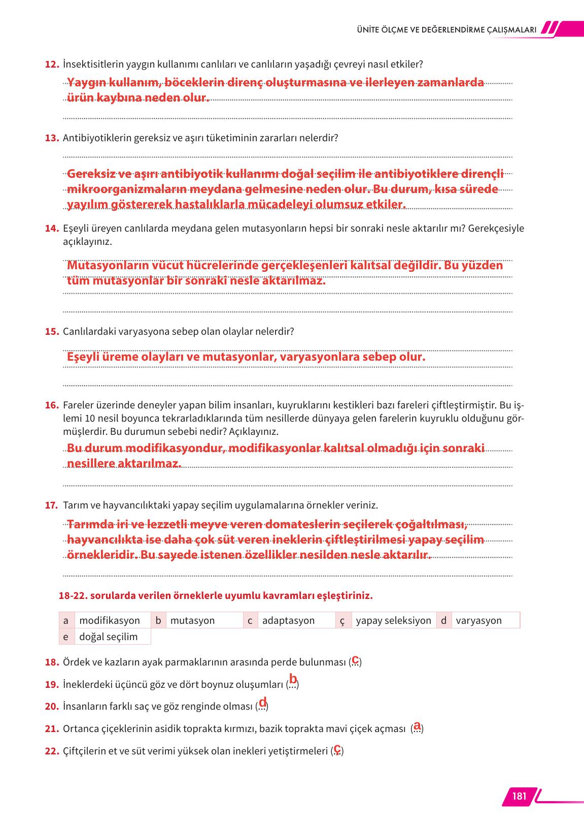 12. Sınıf Meb Yayınları Fen Lisesi Biyoloji Ders Kitabı Sayfa 181 Cevapları 12. Sınıf Meb Yayınları Fen Lisesi Biyoloji Ders Kitabı Sayfa 181 Cevapları