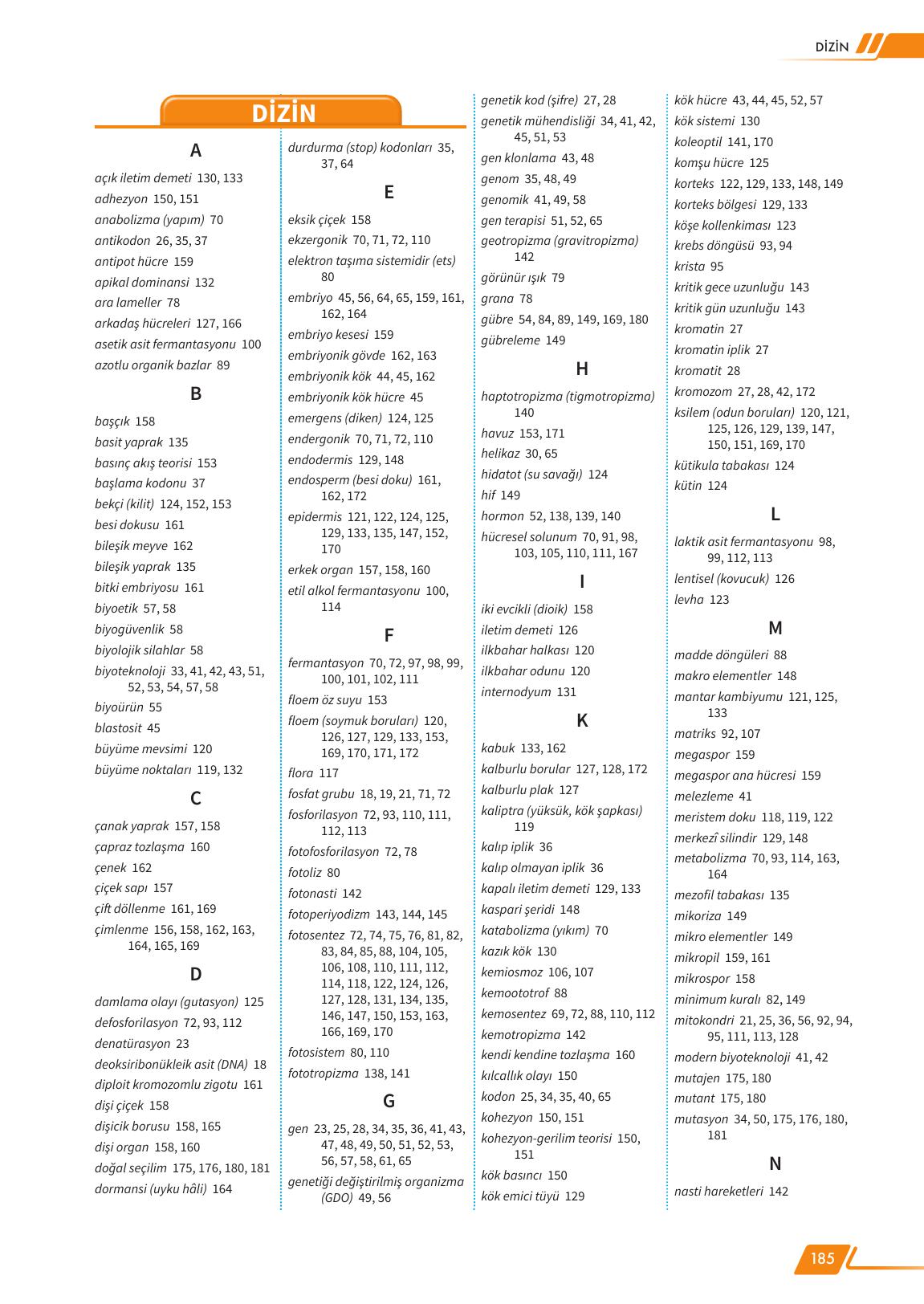 12. Sınıf Meb Yayınları Fen Lisesi Biyoloji Ders Kitabı Sayfa 185 Cevapları