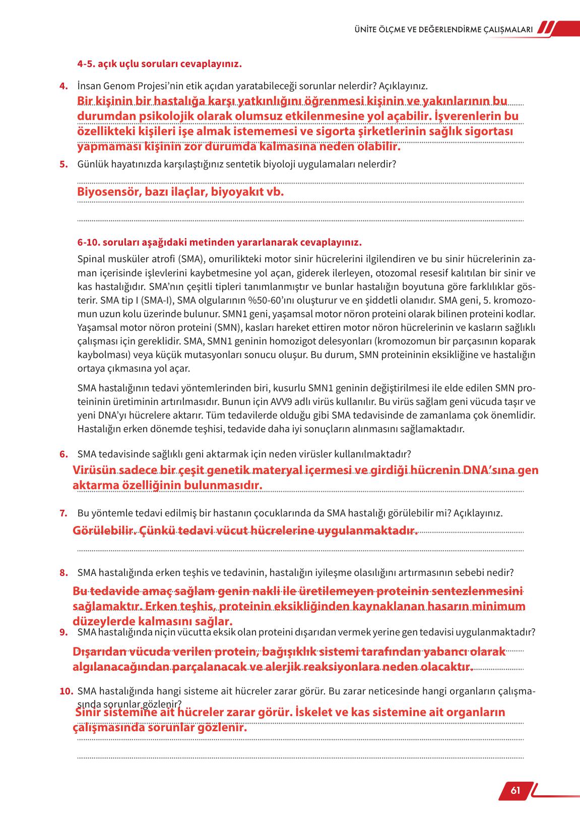 12. Sınıf Meb Yayınları Fen Lisesi Biyoloji Ders Kitabı Sayfa 61 Cevapları