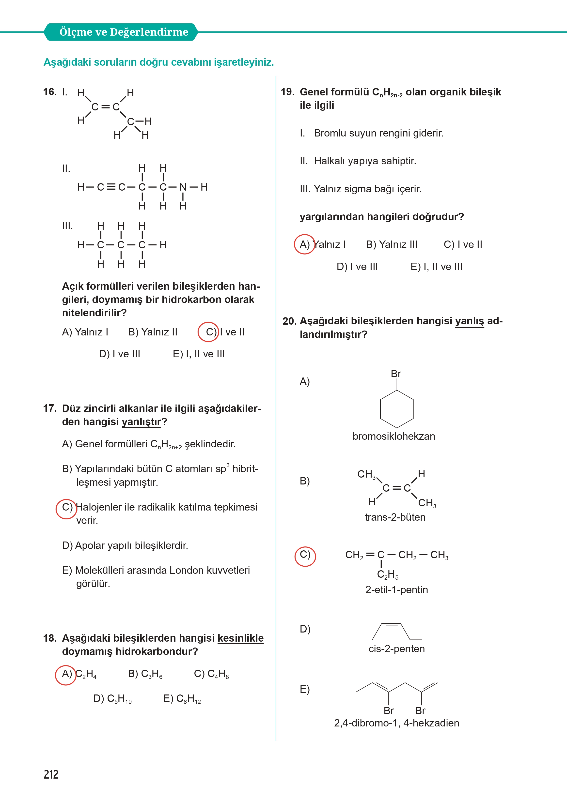12. Sınıf Meb Yayınları Fen Lisesi Kimya Ders Kitabı Sayfa 212 Cevapları