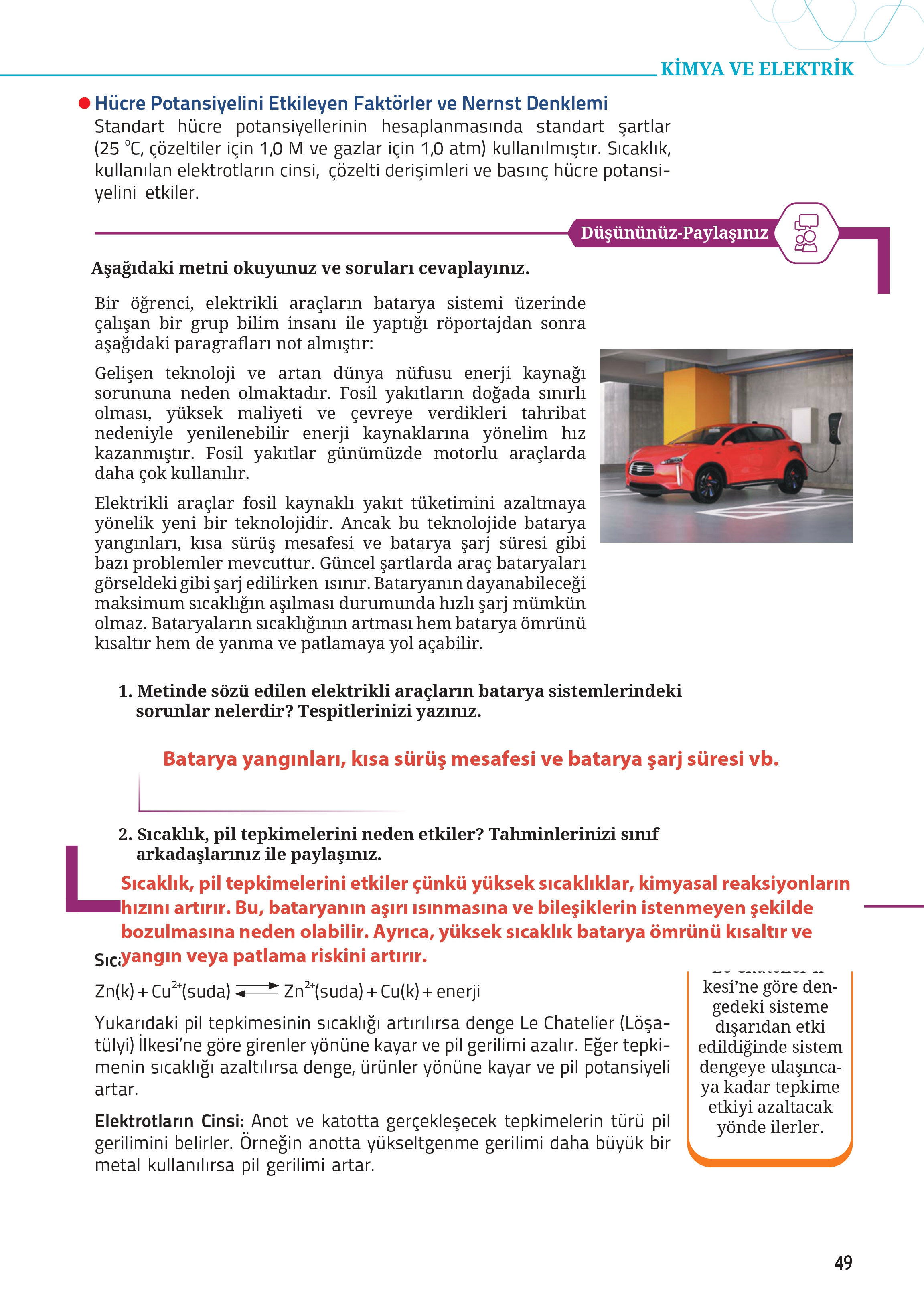 12. Sınıf Meb Yayınları Fen Lisesi Kimya Ders Kitabı Sayfa 49 Cevapları