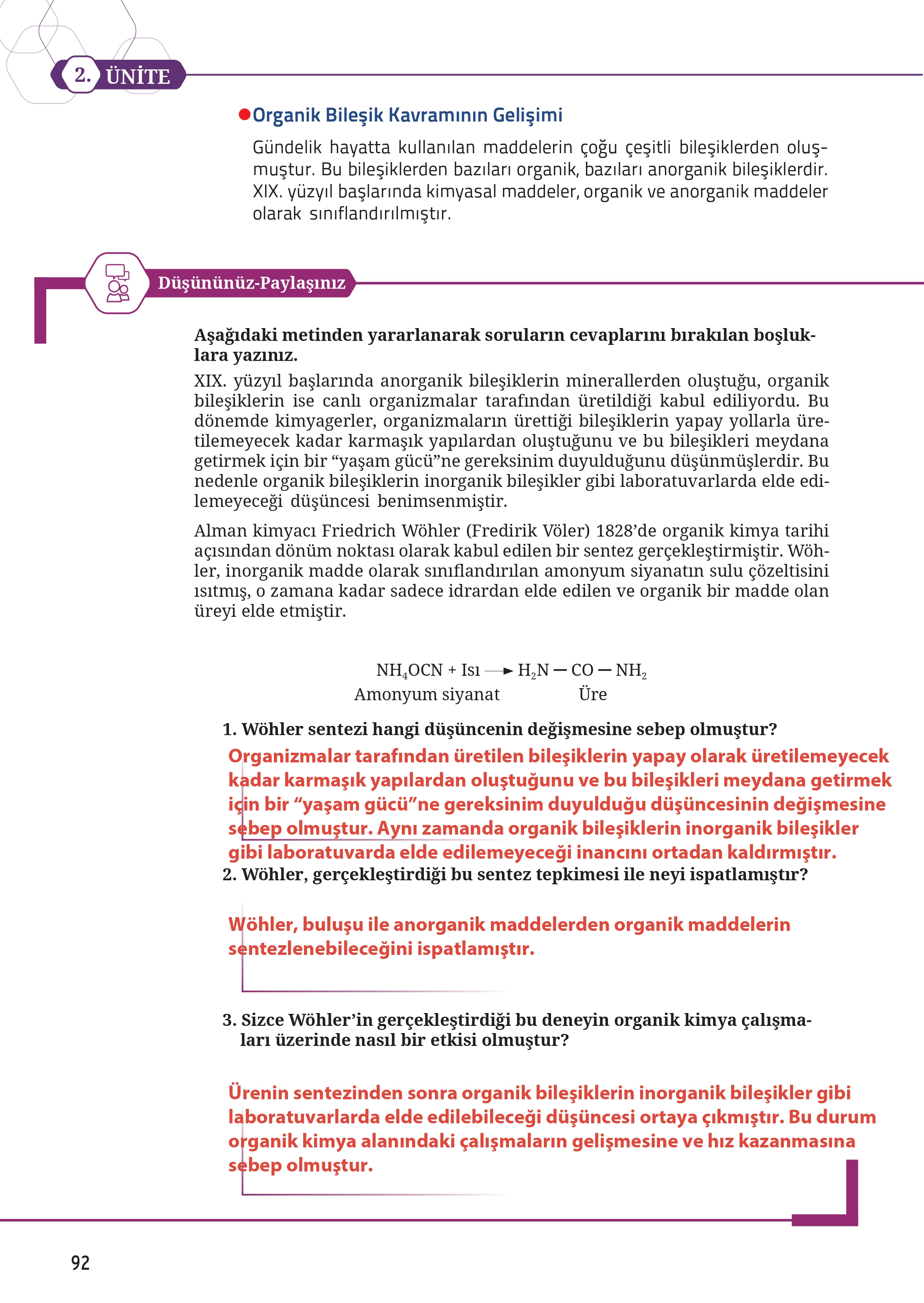 12. Sınıf Meb Yayınları Fen Lisesi Kimya Ders Kitabı Sayfa 92 Cevapları