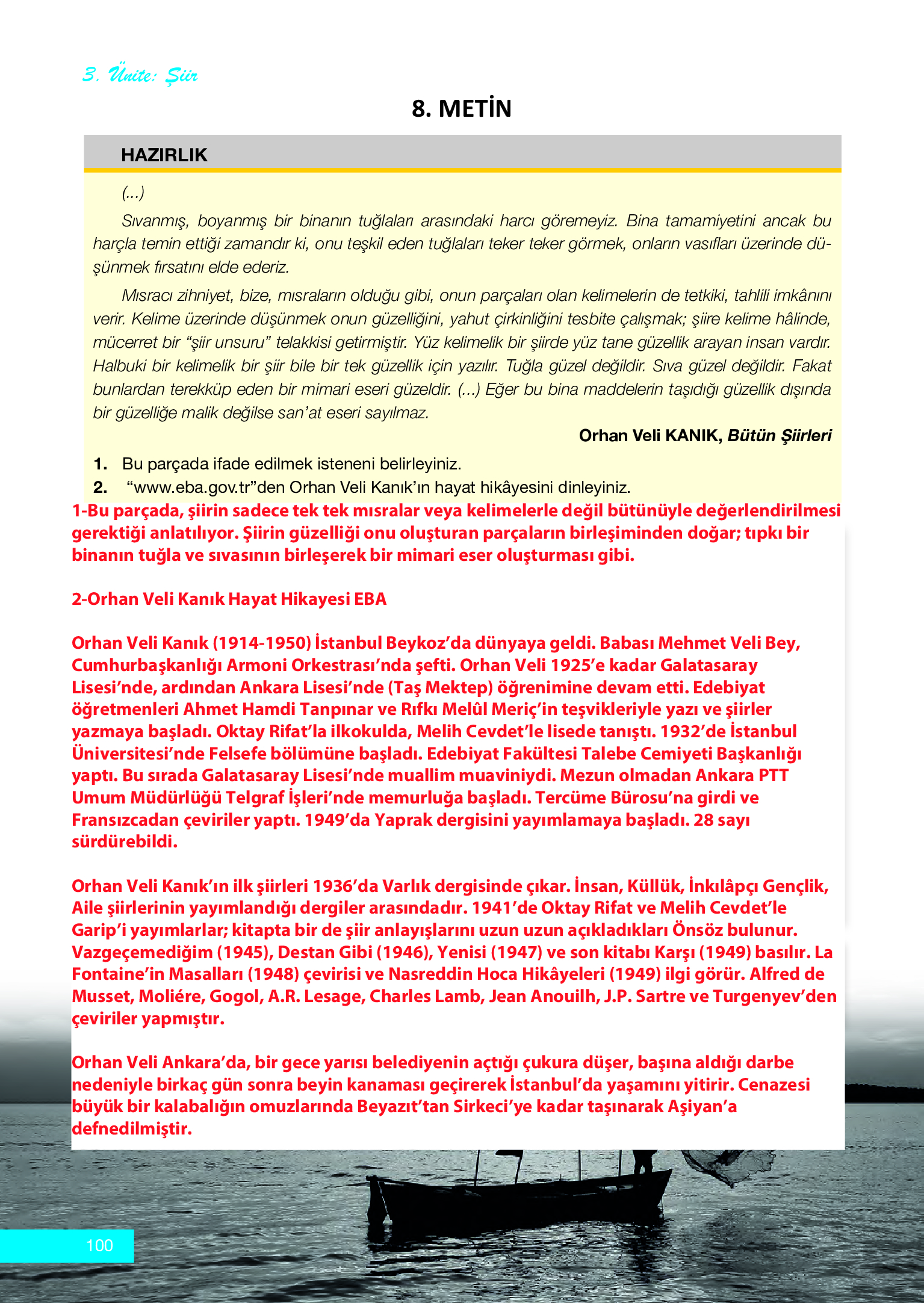 12. Sınıf Melis Yayınları Türk Dili Ve Edebiyatı Ders Kitabı Sayfa 100 Cevapları