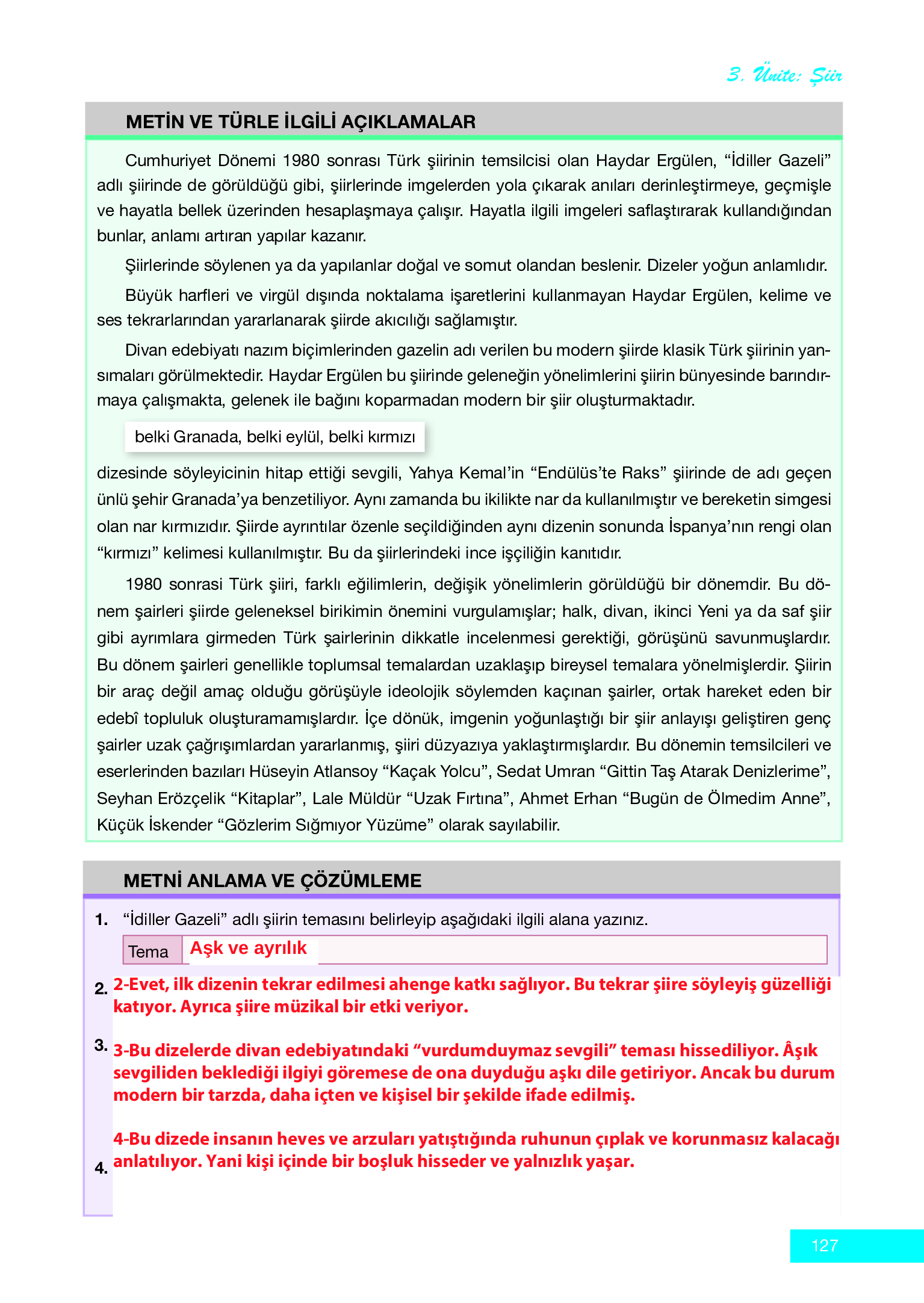 12. Sınıf Melis Yayınları Türk Dili Ve Edebiyatı Ders Kitabı Sayfa 127 Cevapları
