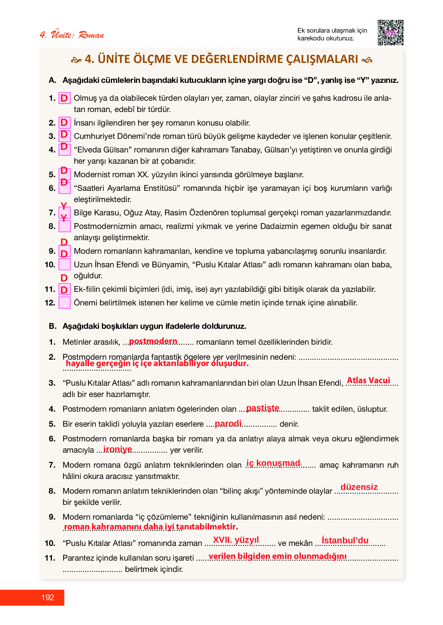 12. Sınıf Melis Yayınları Türk Dili Ve Edebiyatı Ders Kitabı Sayfa 192 Cevapları