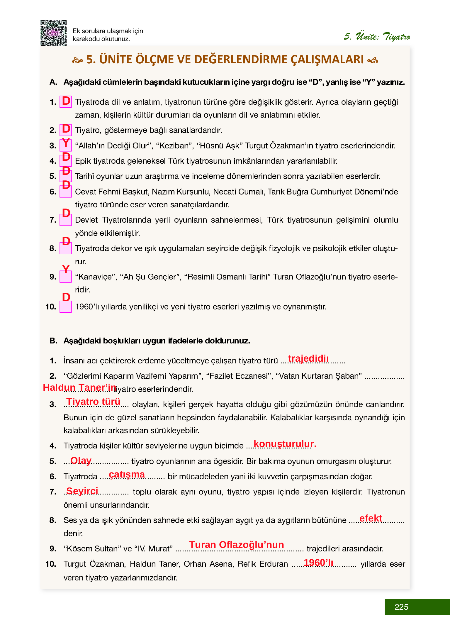 12. Sınıf Melis Yayınları Türk Dili Ve Edebiyatı Ders Kitabı Sayfa 225 Cevapları