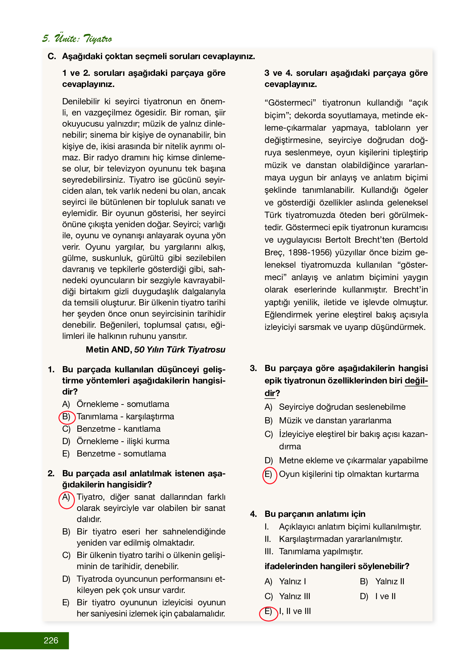 12. Sınıf Melis Yayınları Türk Dili Ve Edebiyatı Ders Kitabı Sayfa 226 Cevapları