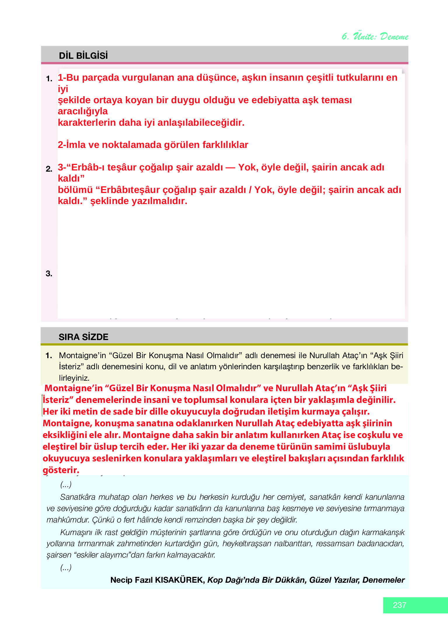 12. Sınıf Melis Yayınları Türk Dili Ve Edebiyatı Ders Kitabı Sayfa 237 Cevapları