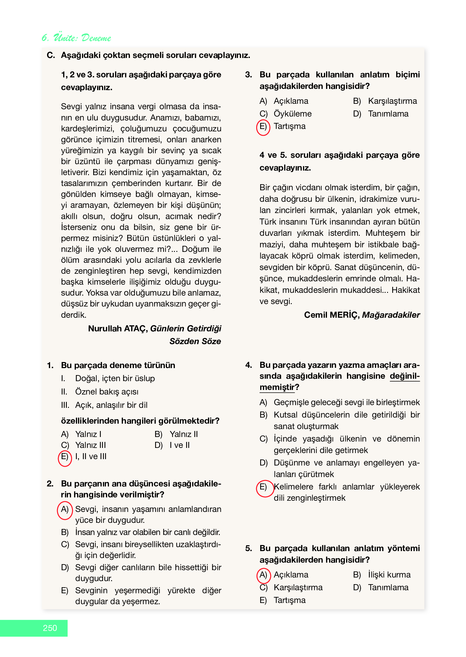 12. Sınıf Melis Yayınları Türk Dili Ve Edebiyatı Ders Kitabı Sayfa 250 Cevapları