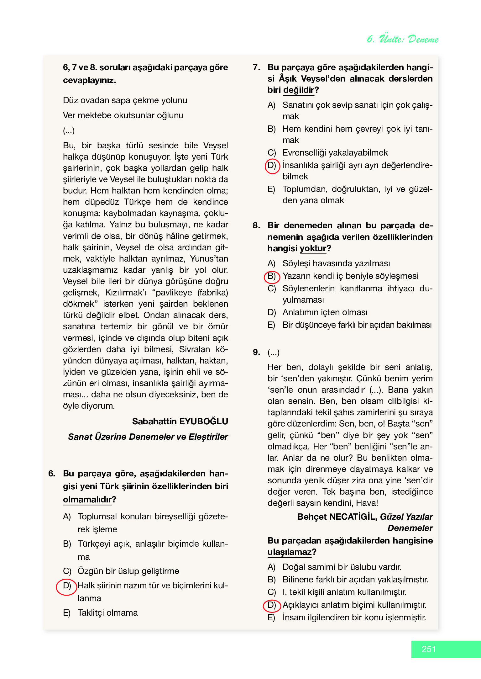 12. Sınıf Melis Yayınları Türk Dili Ve Edebiyatı Ders Kitabı Sayfa 251 Cevapları