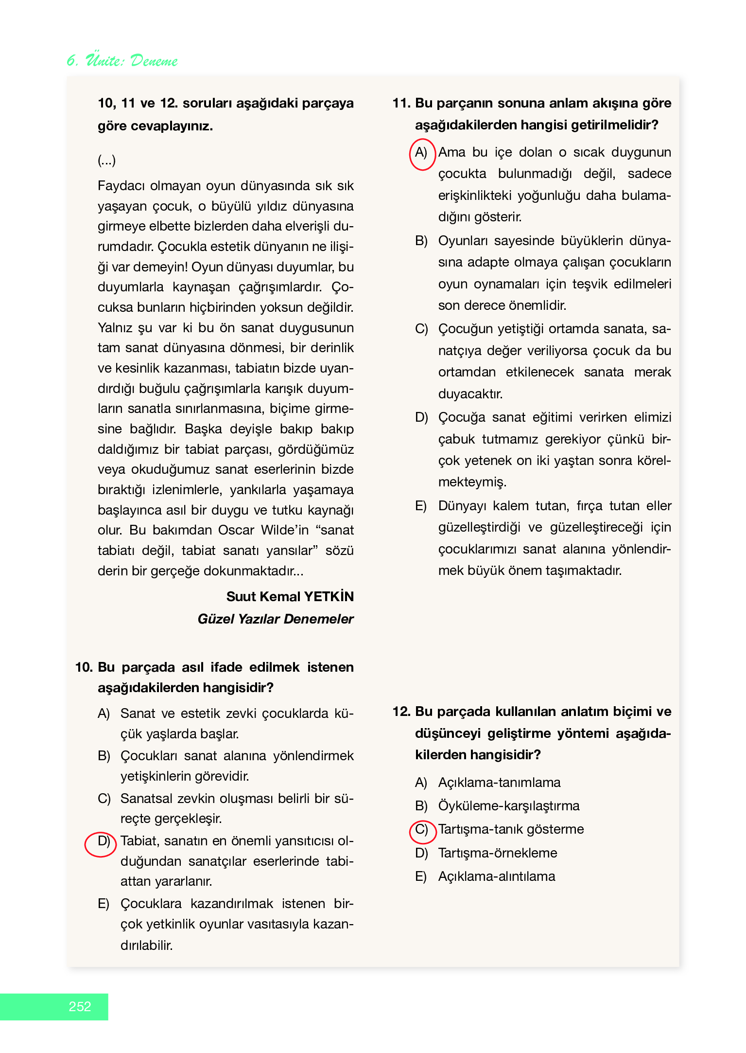 12. Sınıf Melis Yayınları Türk Dili Ve Edebiyatı Ders Kitabı Sayfa 252 Cevapları