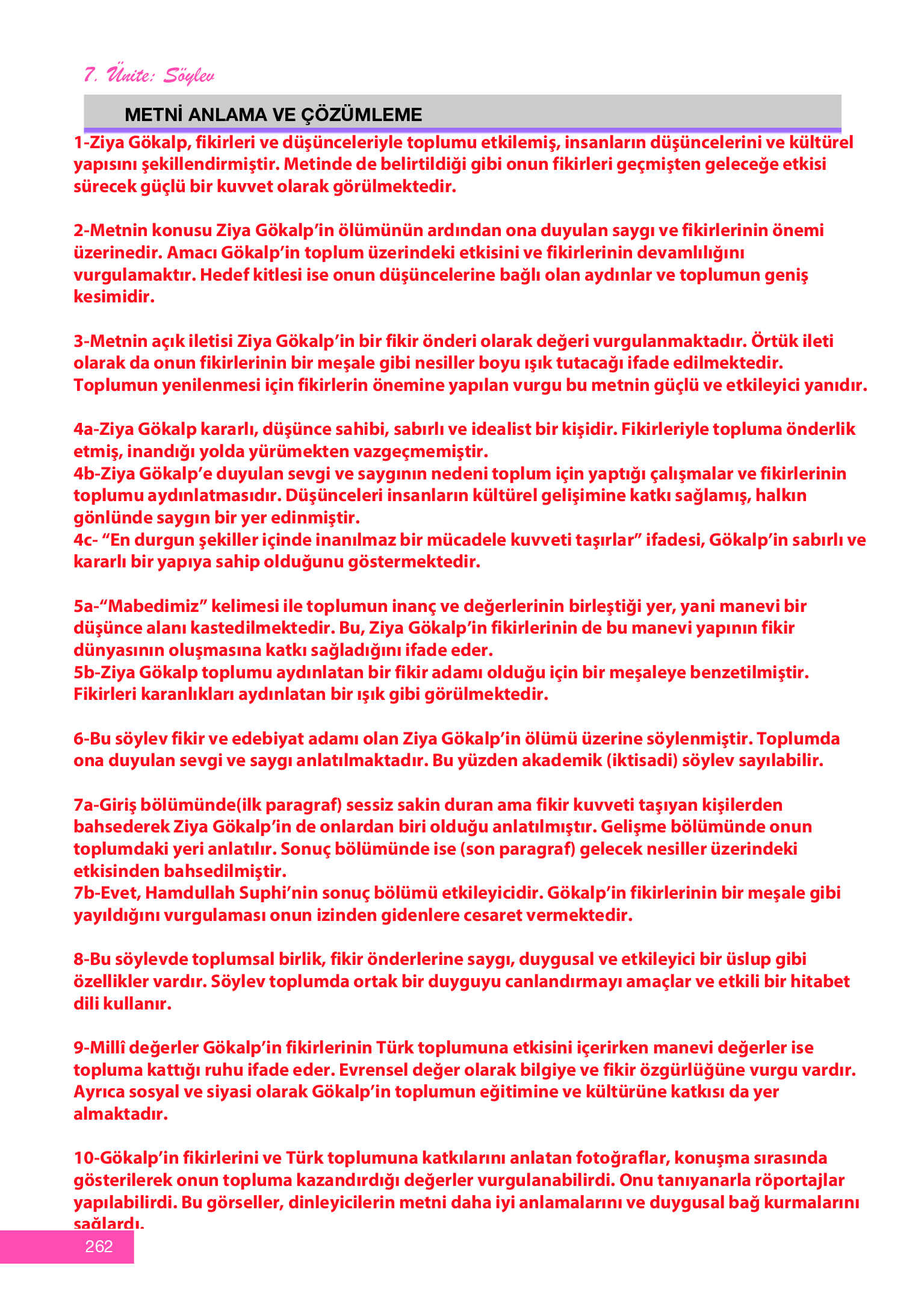 12. Sınıf Melis Yayınları Türk Dili Ve Edebiyatı Ders Kitabı Sayfa 262 Cevapları
