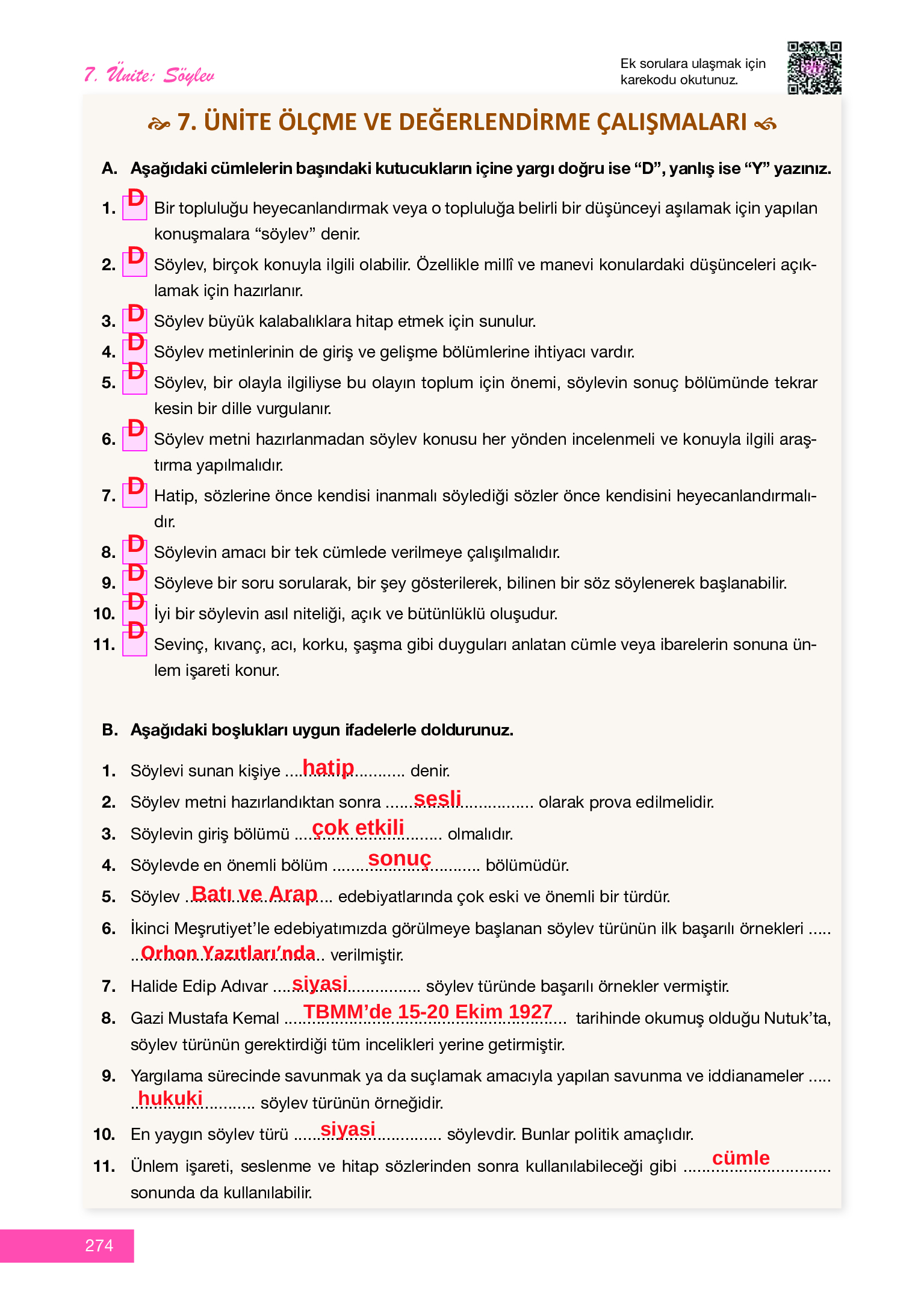12. Sınıf Melis Yayınları Türk Dili Ve Edebiyatı Ders Kitabı Sayfa 274 Cevapları