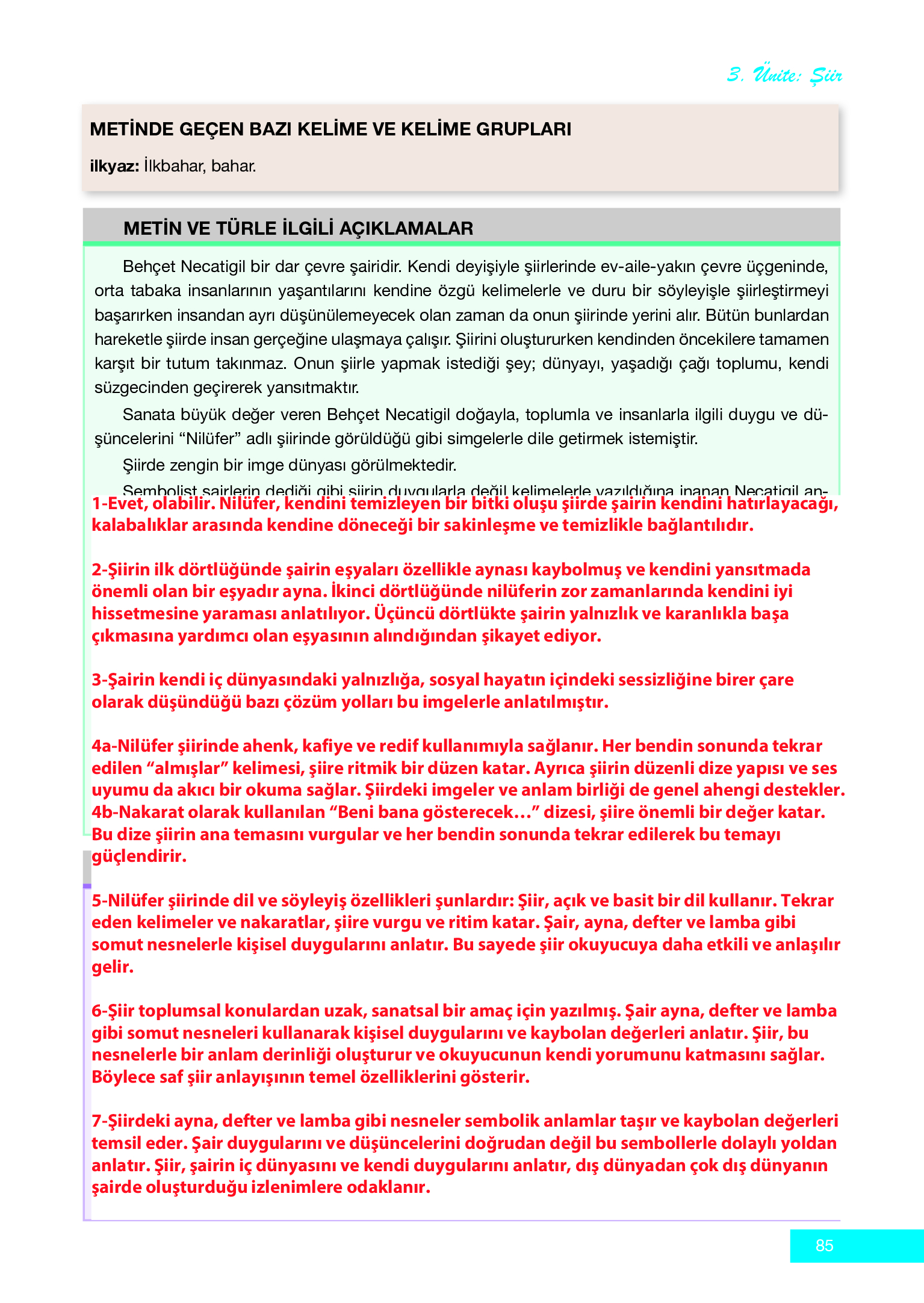 12. Sınıf Melis Yayınları Türk Dili Ve Edebiyatı Ders Kitabı Sayfa 85 Cevapları