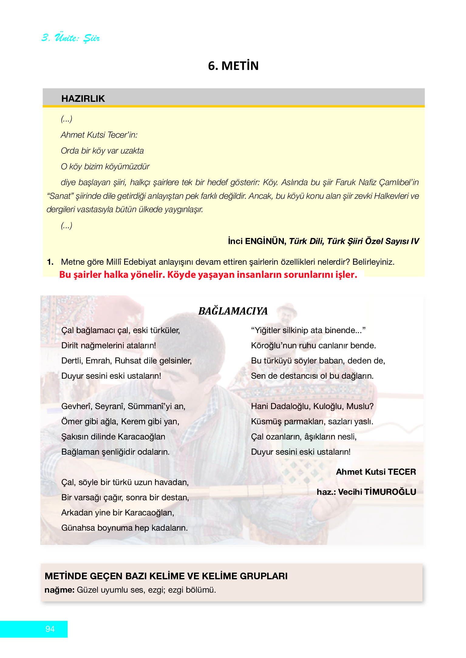 12. Sınıf Melis Yayınları Türk Dili Ve Edebiyatı Ders Kitabı Sayfa 94 Cevapları