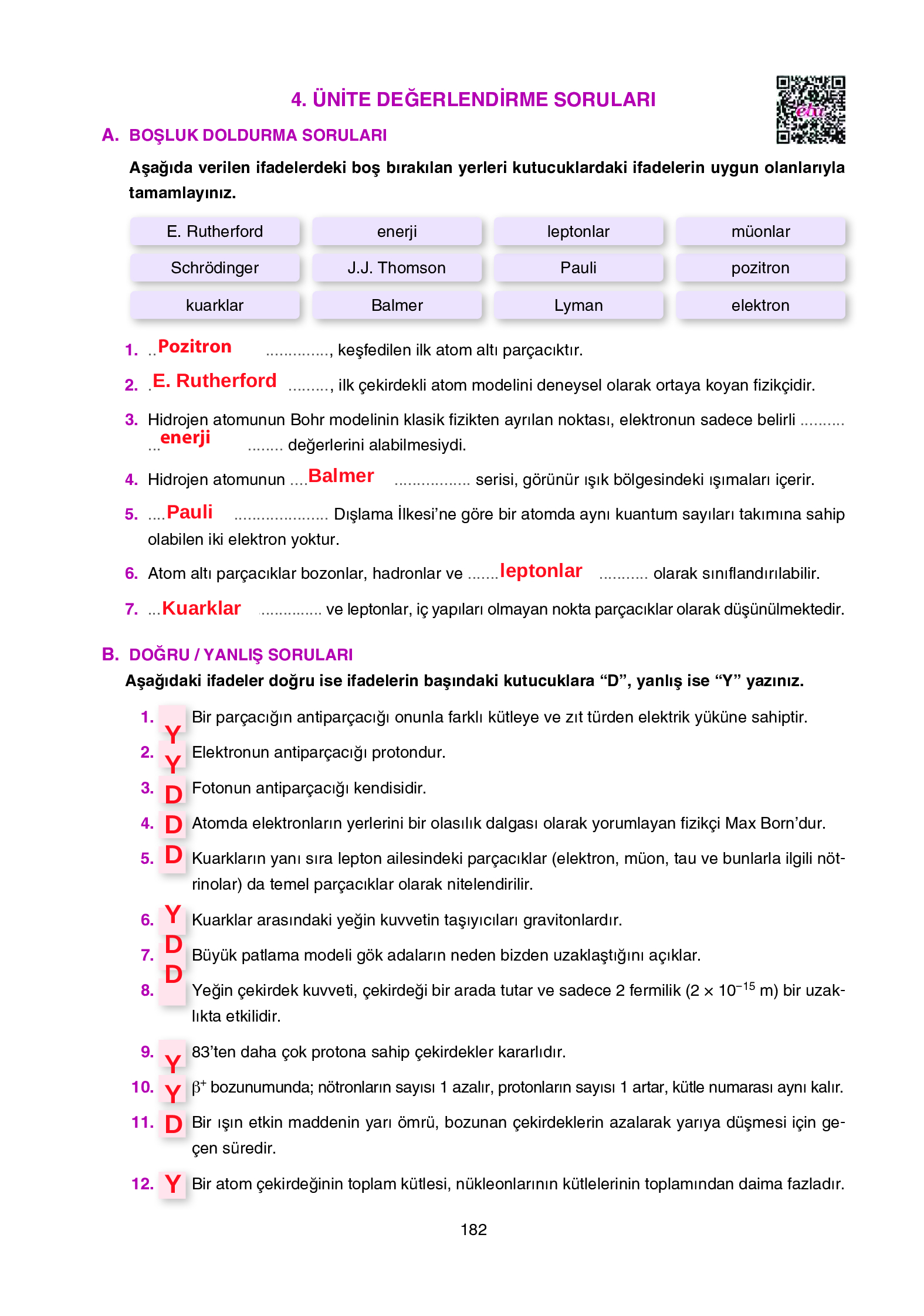 12. Sınıf Yıldırım Yayınları Fizik Ders Kitabı Sayfa 182 Cevapları