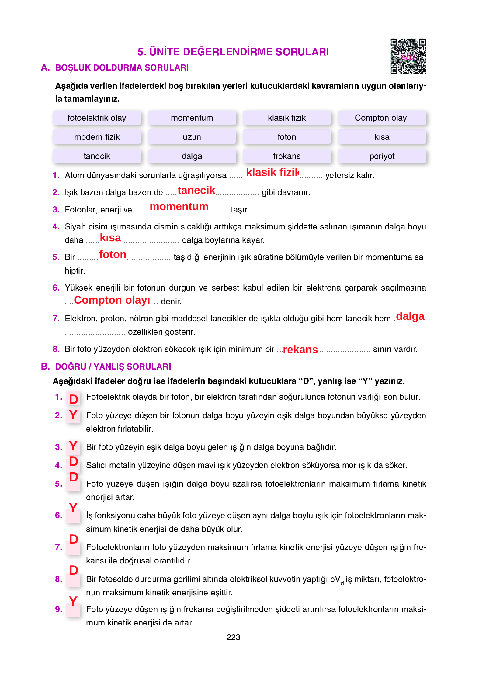 12. Sınıf Yıldırım Yayınları Fizik Ders Kitabı Sayfa 223 Cevapları 12. Sınıf Yıldırım Yayınları Fizik Ders Kitabı Sayfa 223 Cevapları