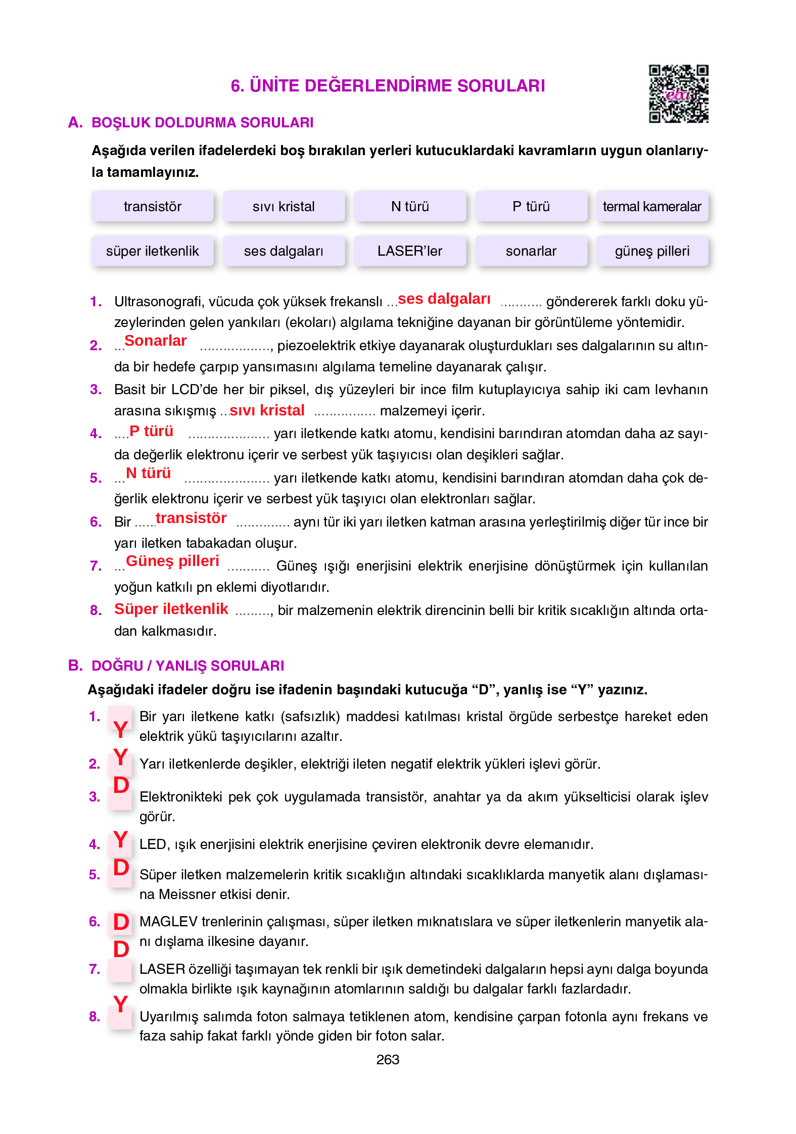 12. Sınıf Yıldırım Yayınları Fizik Ders Kitabı Sayfa 263 Cevapları