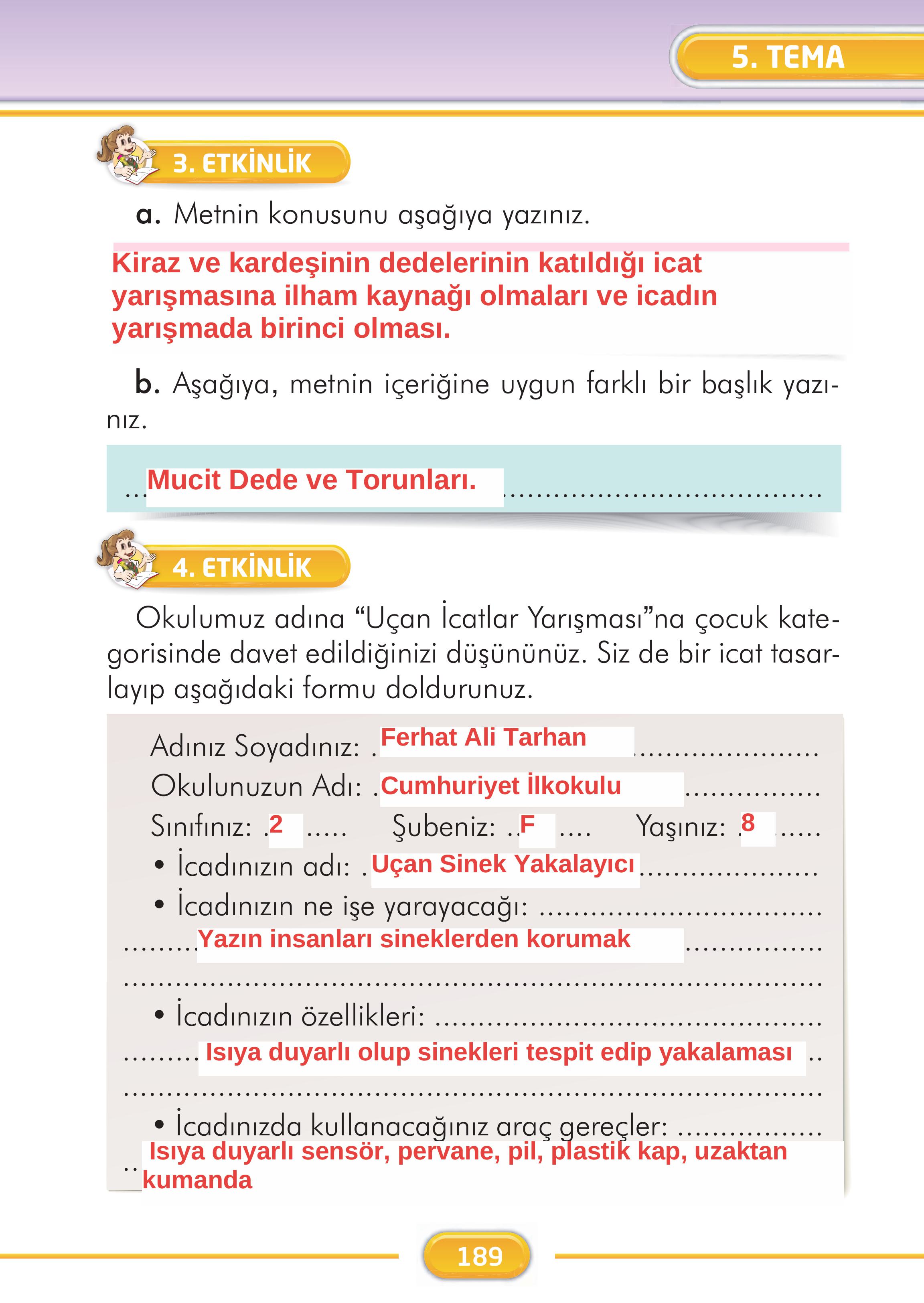 2. Sınıf Kare Yayınları Türkçe Ders Kitabı Sayfa 189 Cevapları