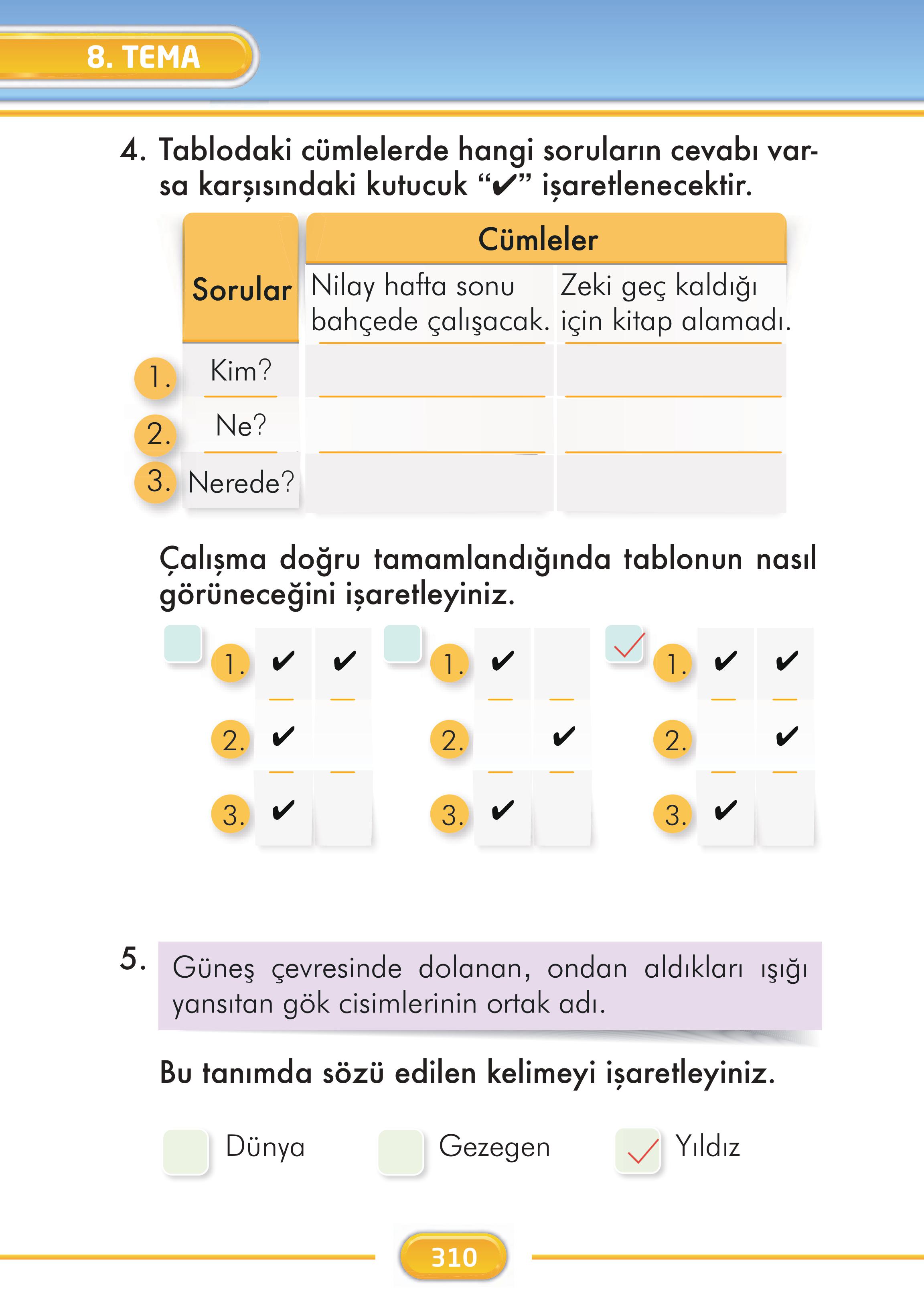2. Sınıf Kare Yayınları Türkçe Ders Kitabı Sayfa 310 Cevapları