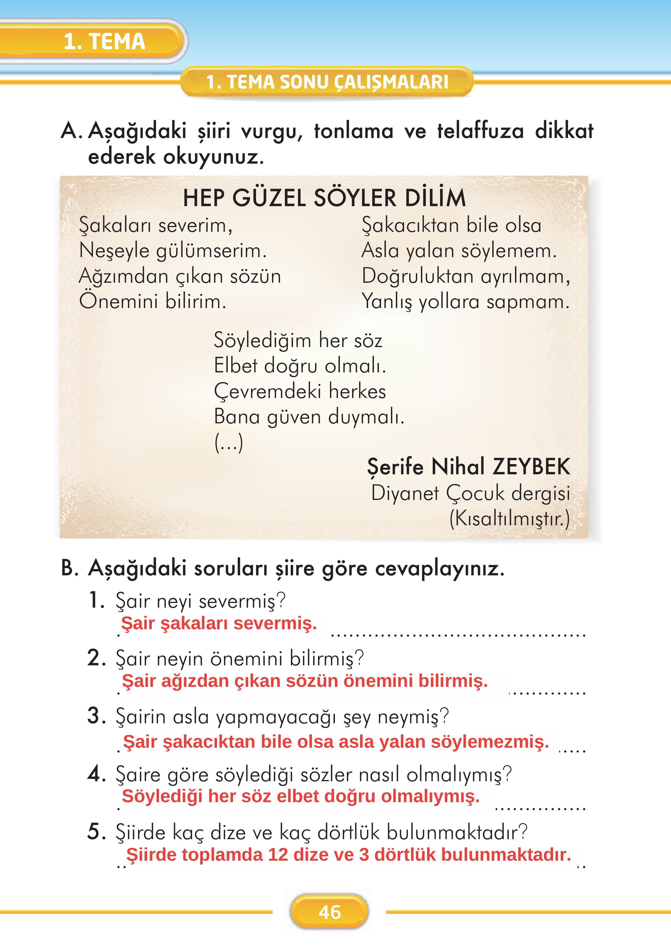 2. Sınıf Kare Yayınları Türkçe Ders Kitabı Sayfa 46 Cevapları
