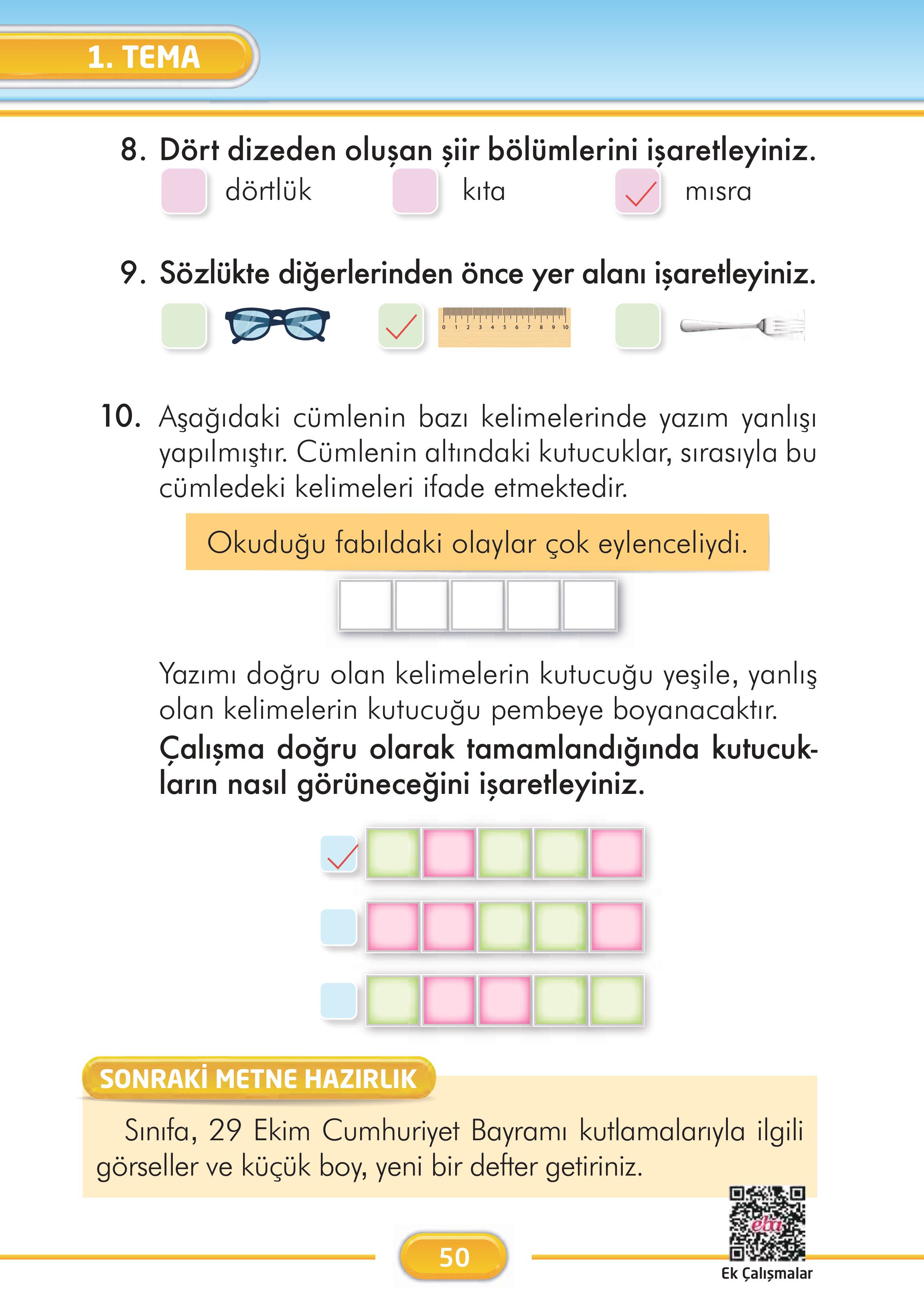 2. Sınıf Kare Yayınları Türkçe Ders Kitabı Sayfa 50 Cevapları