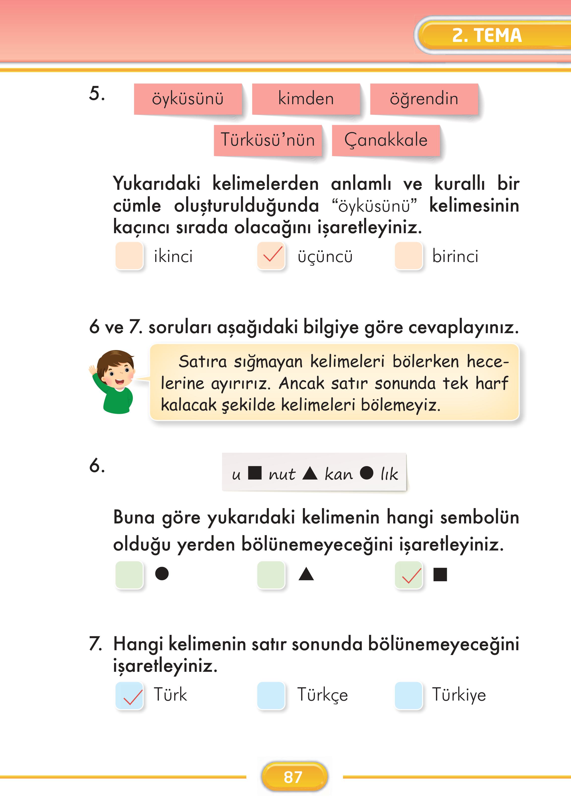2. Sınıf Kare Yayınları Türkçe Ders Kitabı Sayfa 87 Cevapları