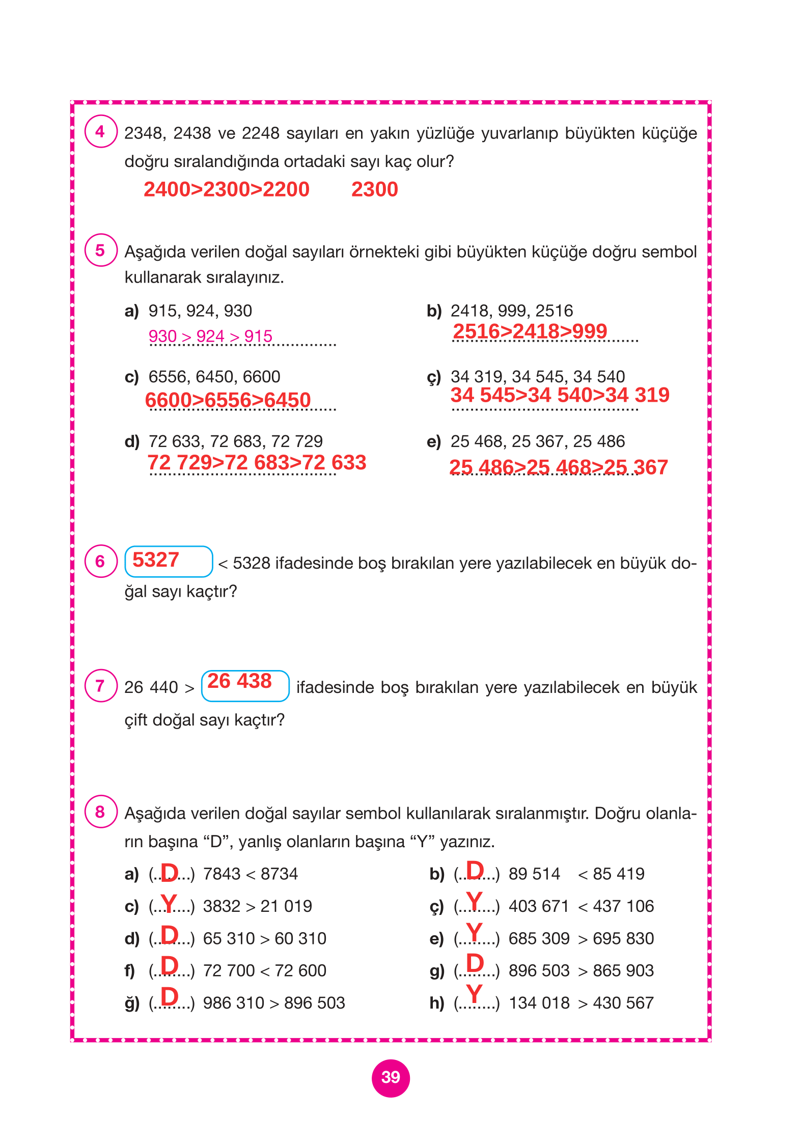 4. Sınıf Pasifik Yayınları Matematik Ders Kitabı Sayfa 39 Cevapları