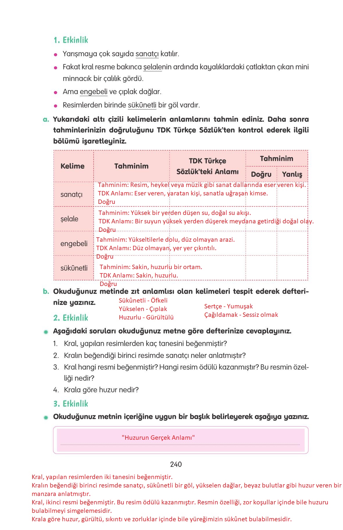 4. Sınıf Tuna Yayınları Türkçe Ders Kitabı Sayfa 240 Cevapları