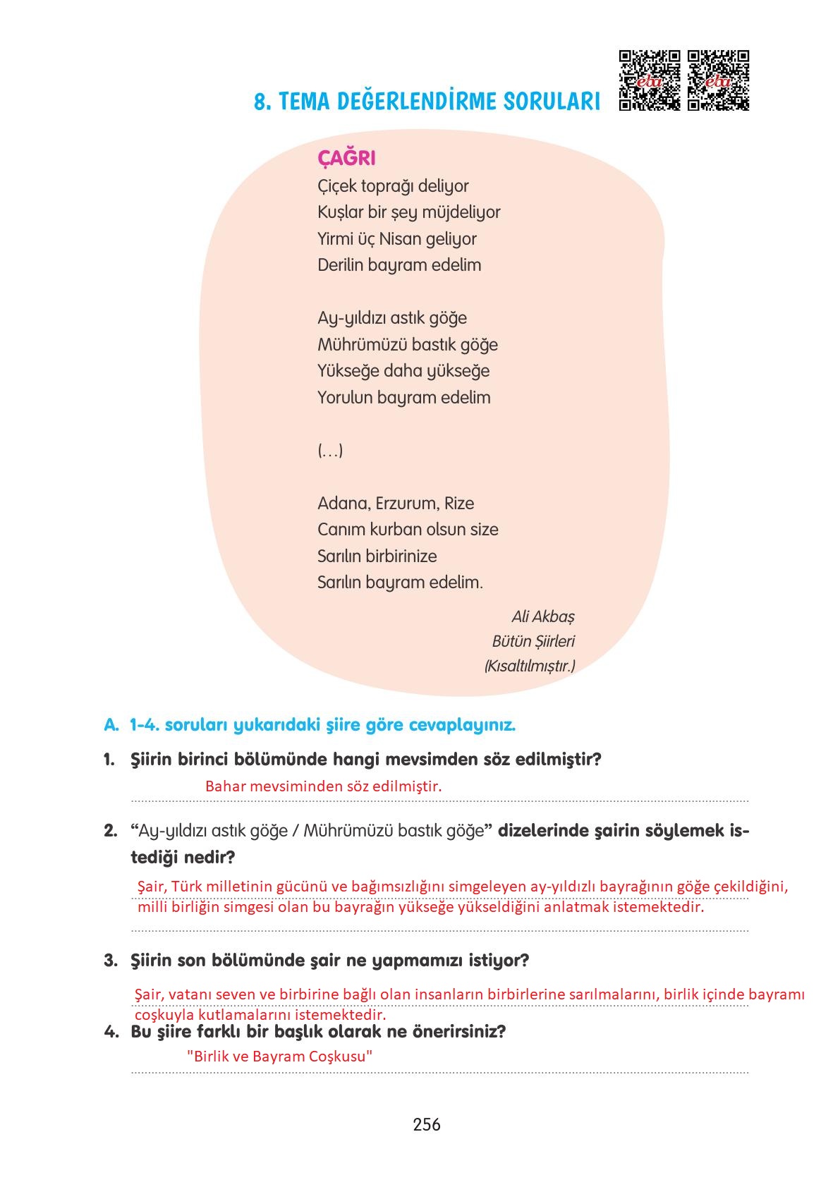 4. Sınıf Tuna Yayınları Türkçe Ders Kitabı Sayfa 256 Cevapları