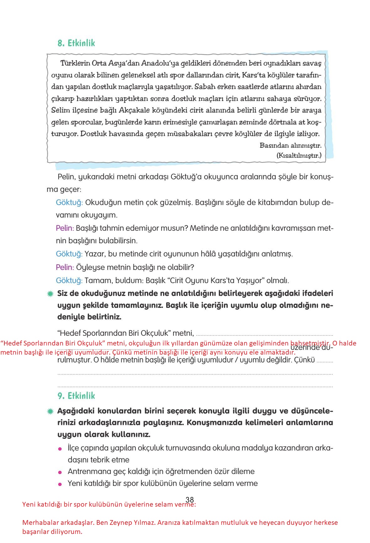 4. Sınıf Tuna Yayınları Türkçe Ders Kitabı Sayfa 38 Cevapları
