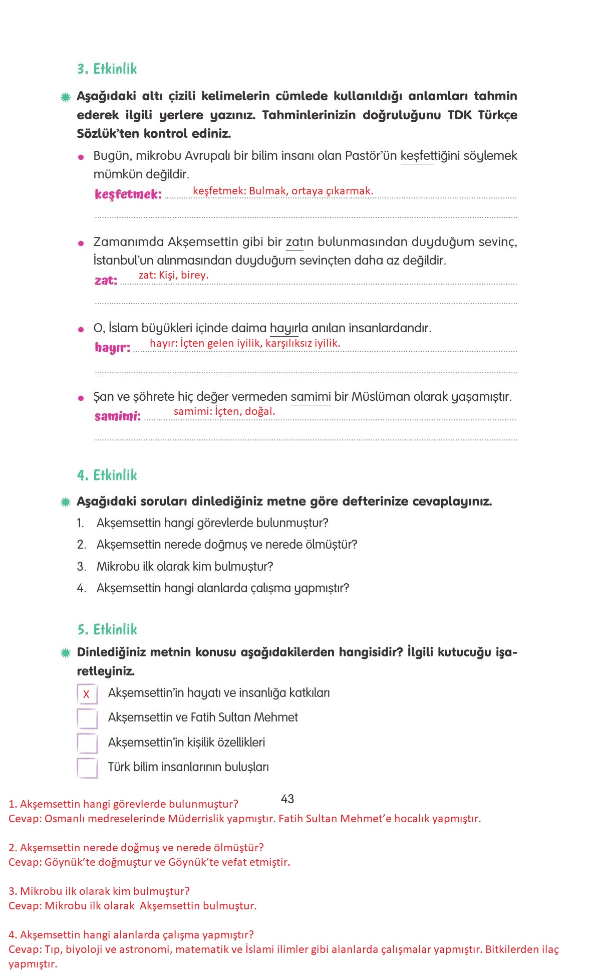 4. Sınıf Tuna Yayınları Türkçe Ders Kitabı Sayfa 43 Cevapları