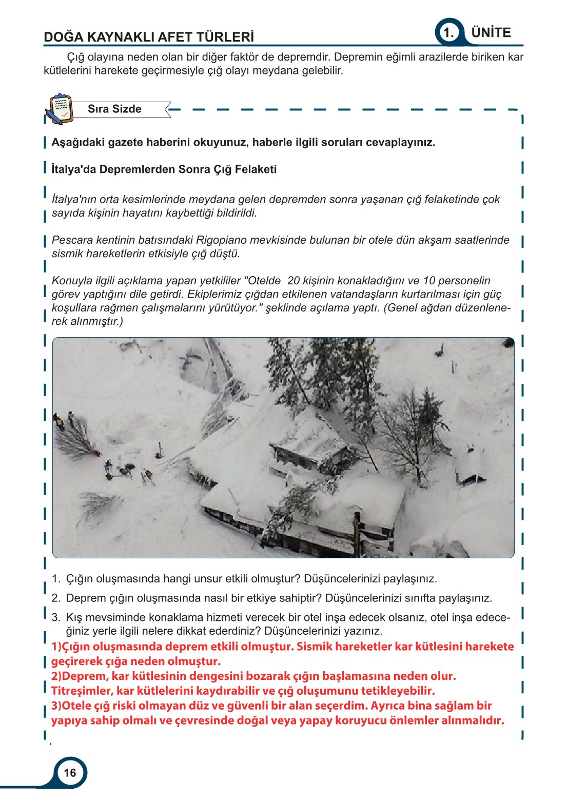 5-6-7. Sınıf Meb Yayınları Afet Bilinci Ders Kitabı 2. Kitap Sayfa 16 Cevapları