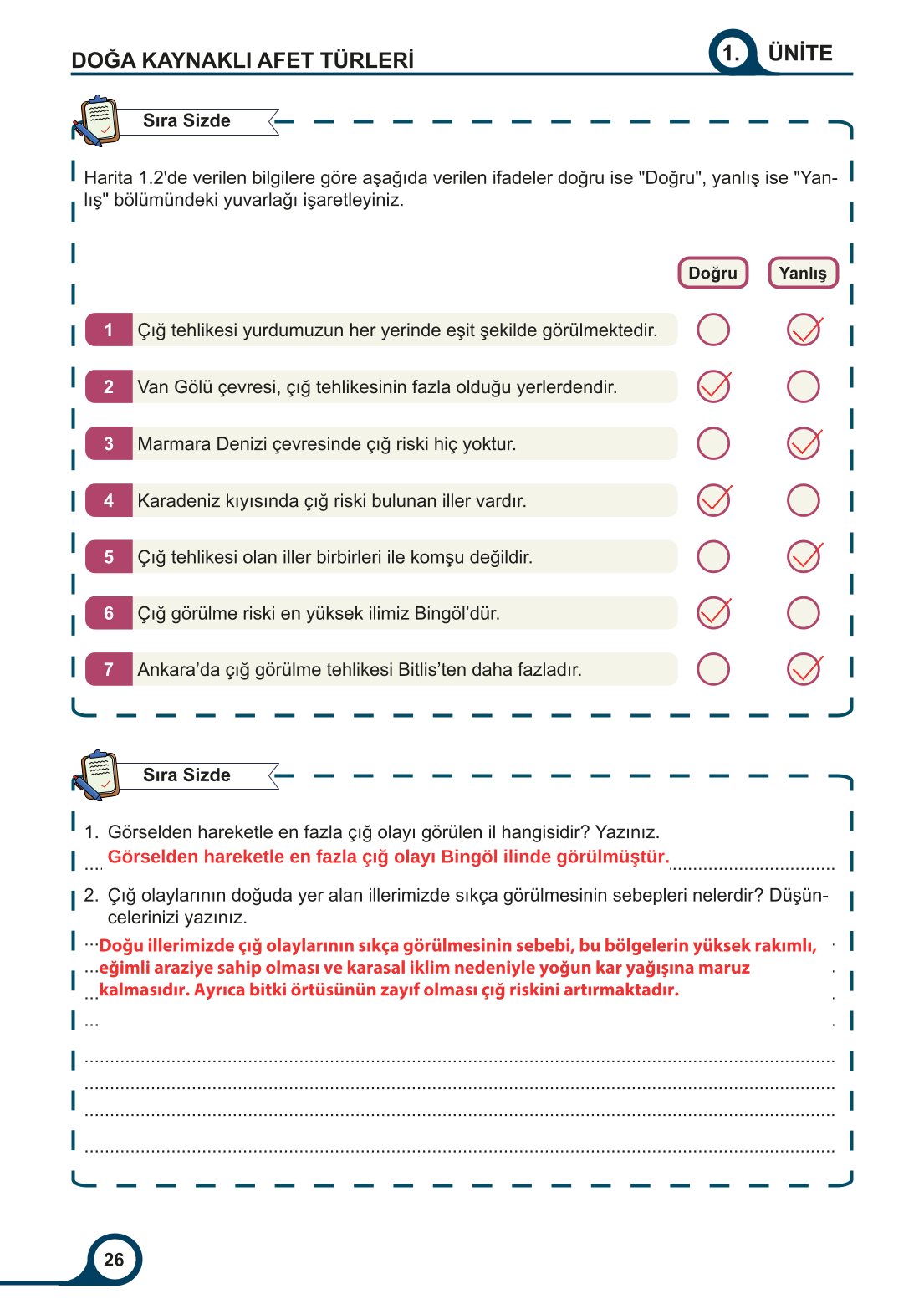 5-6-7. Sınıf Meb Yayınları Afet Bilinci Ders Kitabı 2. Kitap Sayfa 26 Cevapları