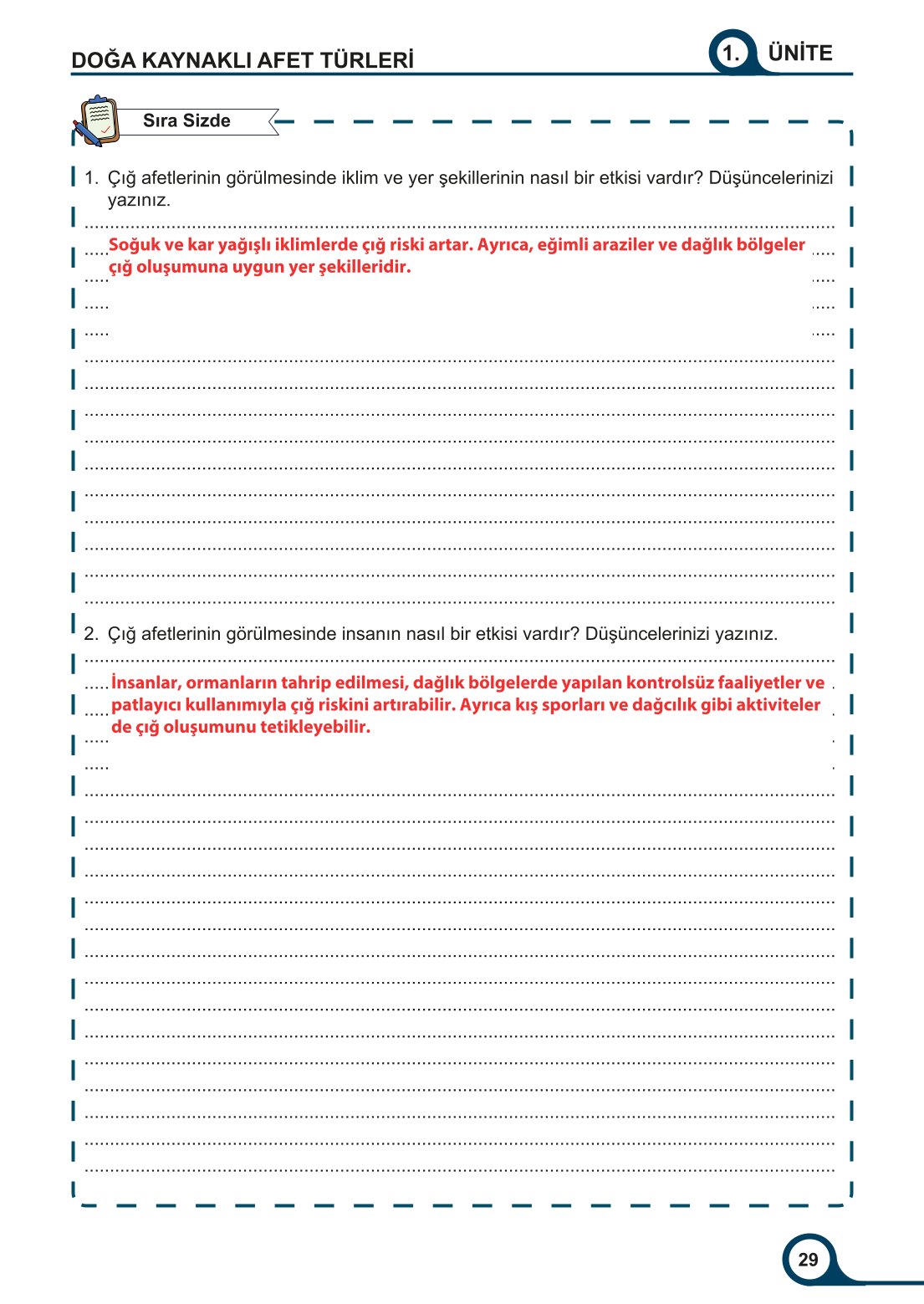5-6-7. Sınıf Meb Yayınları Afet Bilinci Ders Kitabı 2. Kitap Sayfa 29 Cevapları