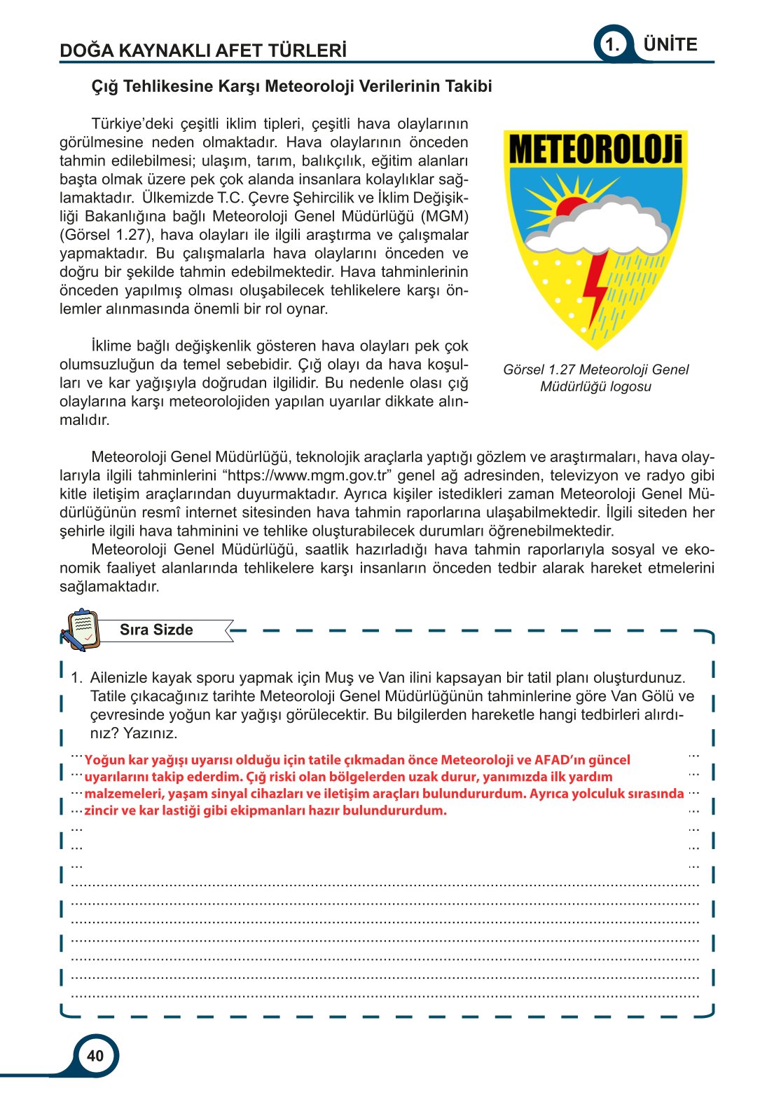 5-6-7. Sınıf Meb Yayınları Afet Bilinci Ders Kitabı 2. Kitap Sayfa 40 Cevapları