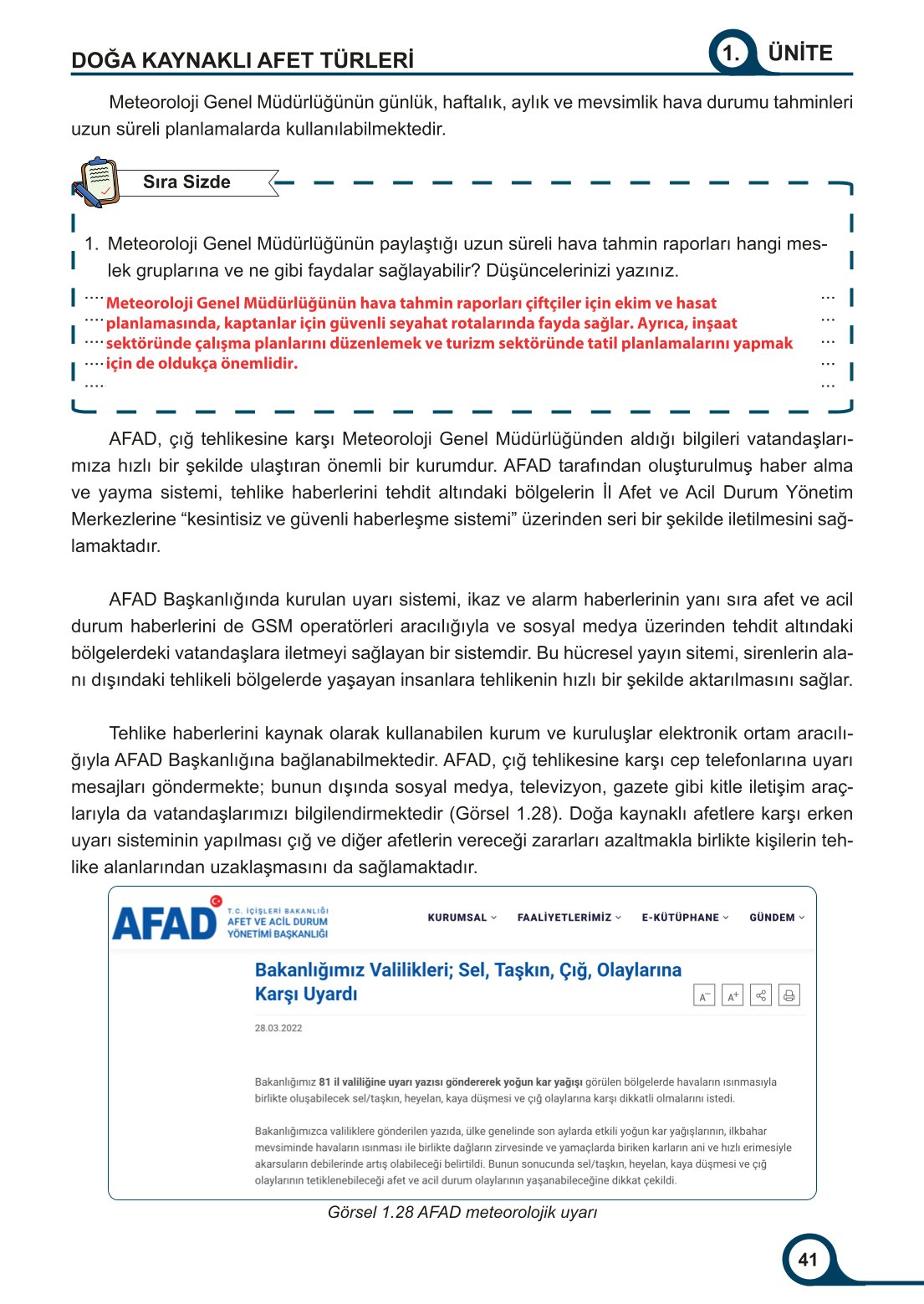 5-6-7. Sınıf Meb Yayınları Afet Bilinci Ders Kitabı 2. Kitap Sayfa 41 Cevapları