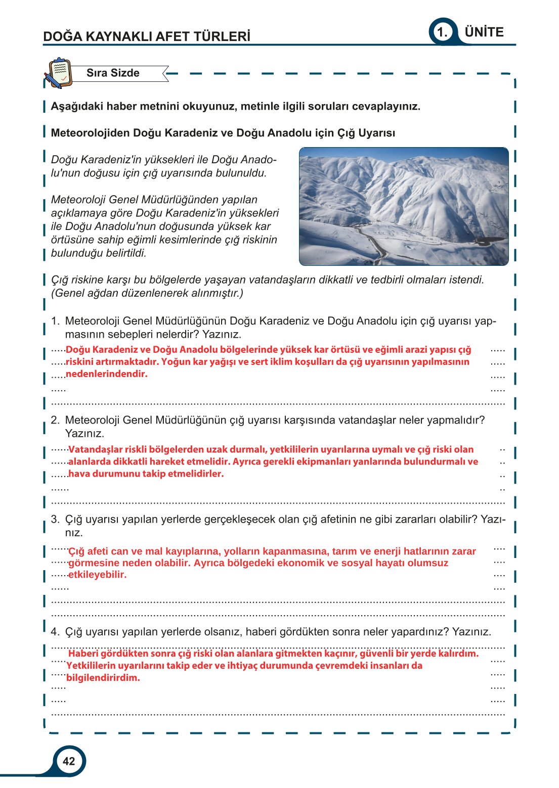 5-6-7. Sınıf Meb Yayınları Afet Bilinci Ders Kitabı 2. Kitap Sayfa 42 Cevapları