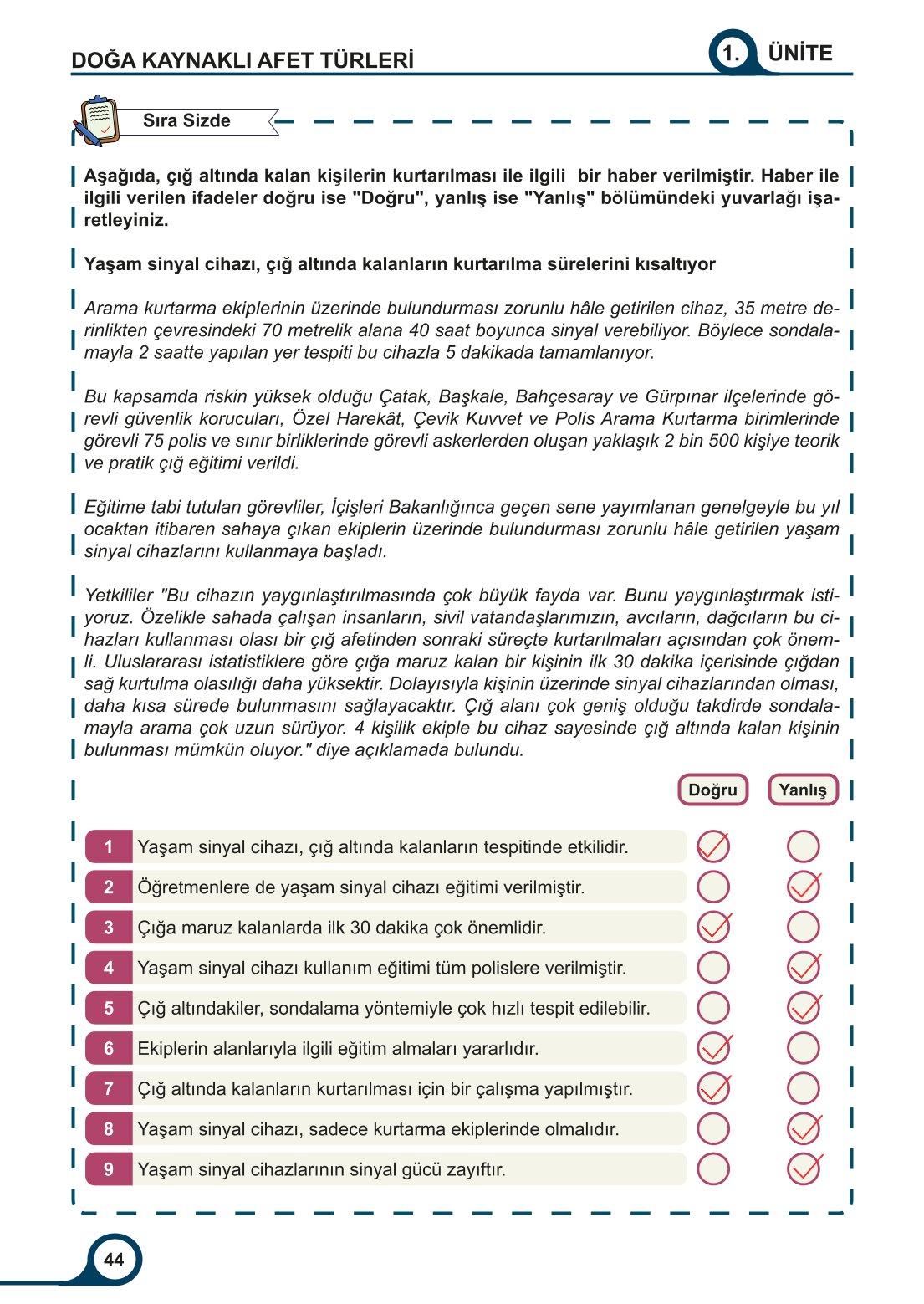 5-6-7. Sınıf Meb Yayınları Afet Bilinci Ders Kitabı 2. Kitap Sayfa 44 Cevapları
