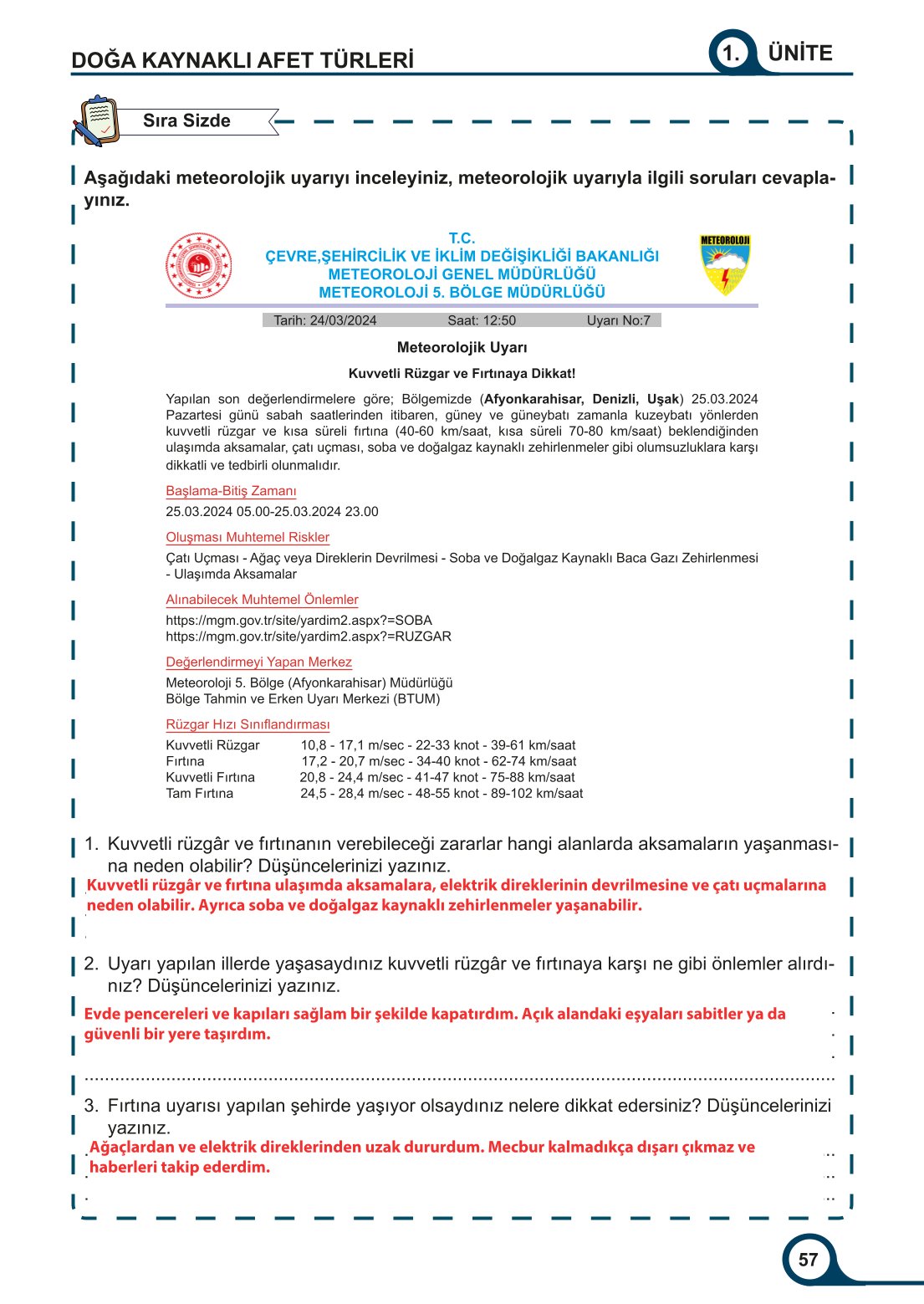 5-6-7. Sınıf Meb Yayınları Afet Bilinci Ders Kitabı 2. Kitap Sayfa 57 Cevapları