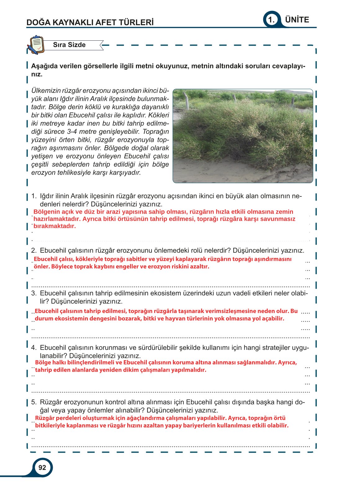 5-6-7. Sınıf Meb Yayınları Afet Bilinci Ders Kitabı 2. Kitap Sayfa 92 Cevapları