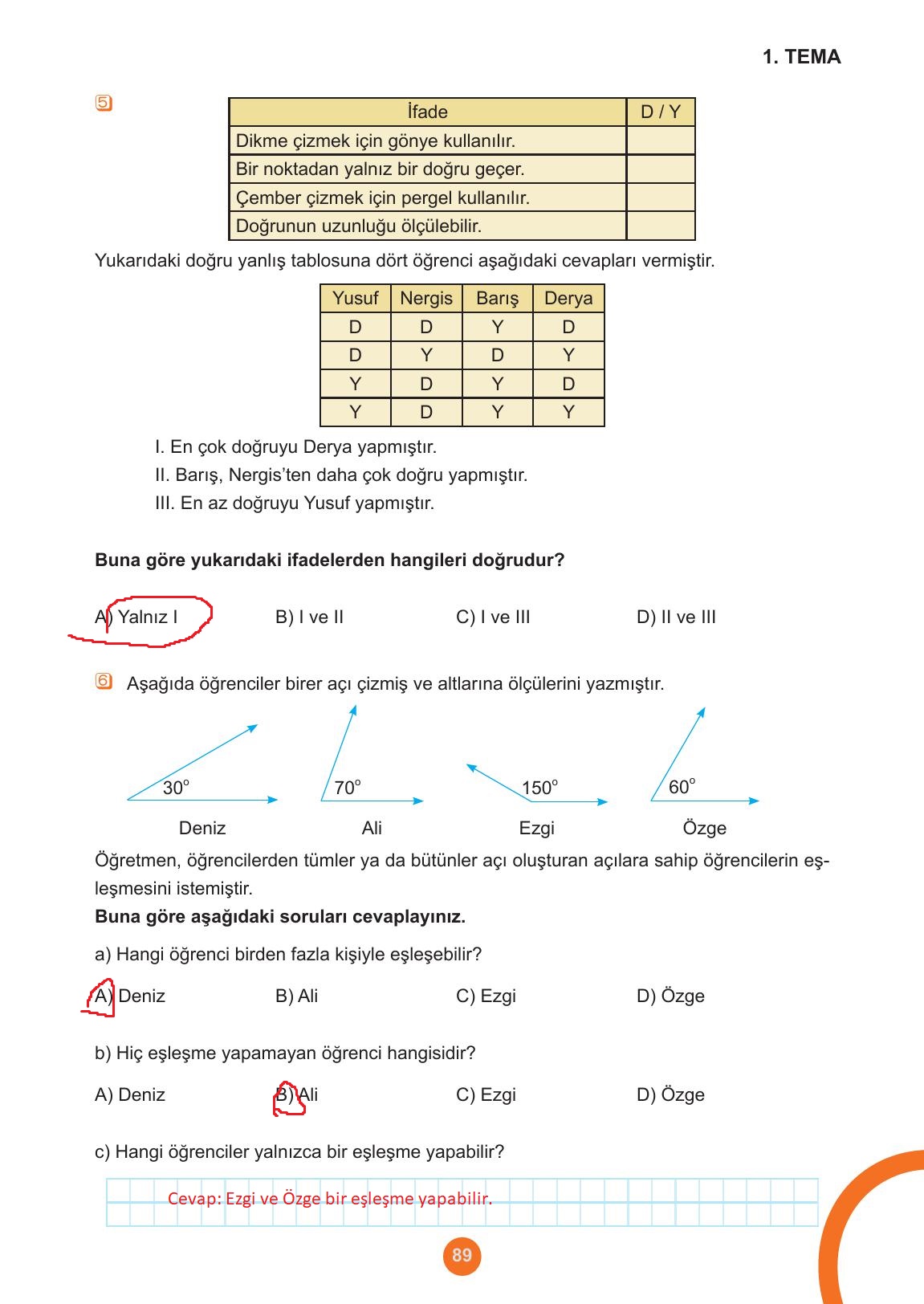5. Sınıf Meb Yayınları Matematik Ders Kitabı 1. Kitap Sayfa 89 Cevapları