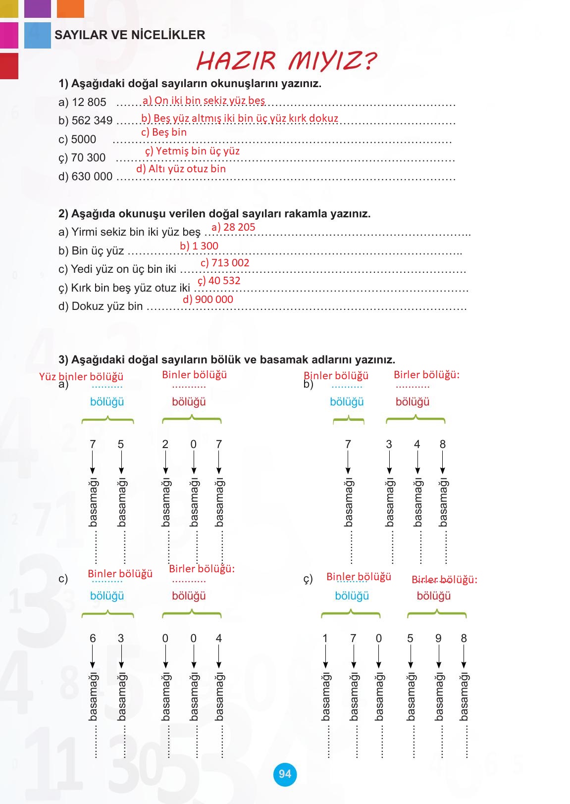 5. Sınıf Meb Yayınları Matematik Ders Kitabı 1. Kitap Sayfa 94 Cevapları